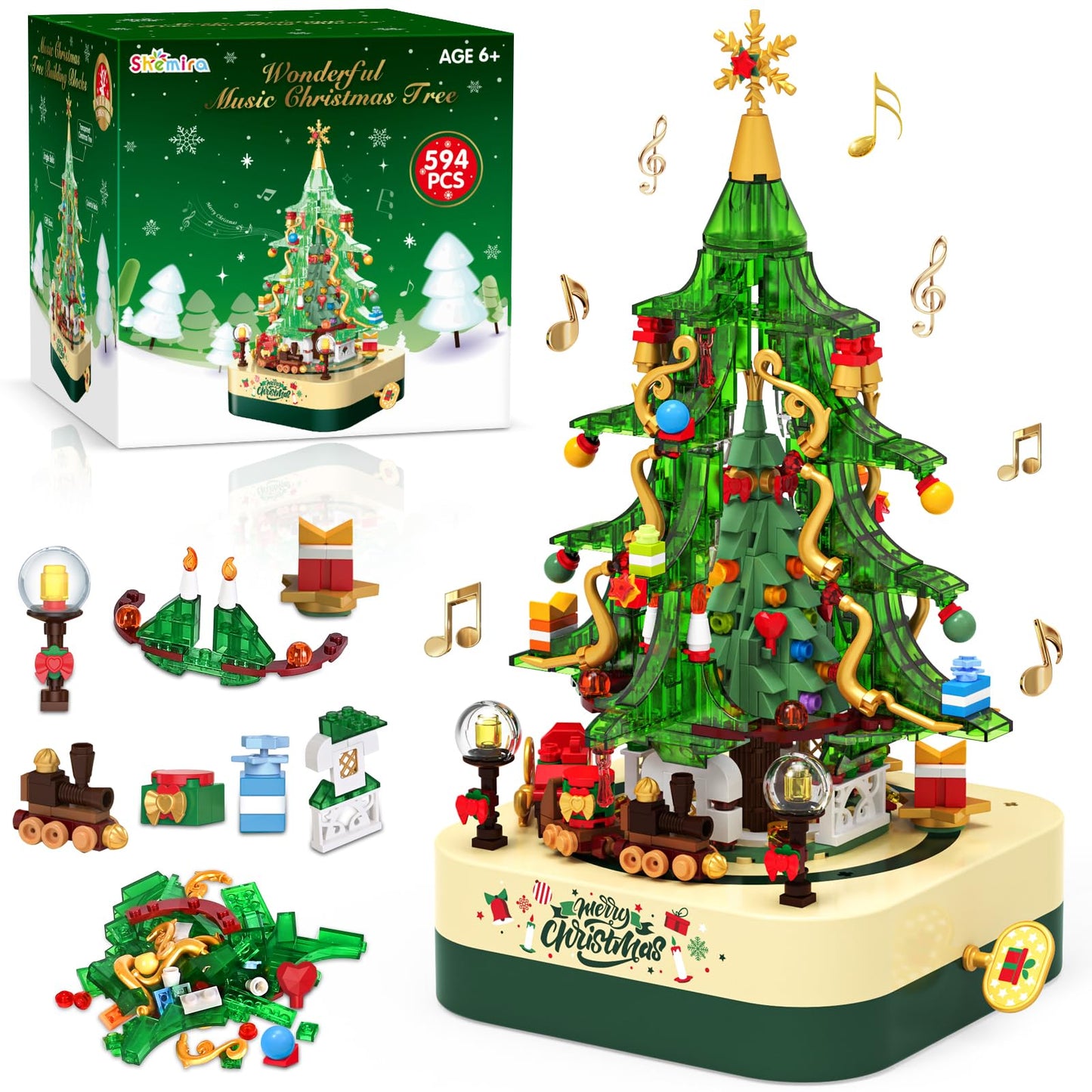 Shemira 594-Piece Christmas Tree Building Block Toy Set | Rotating Music Box