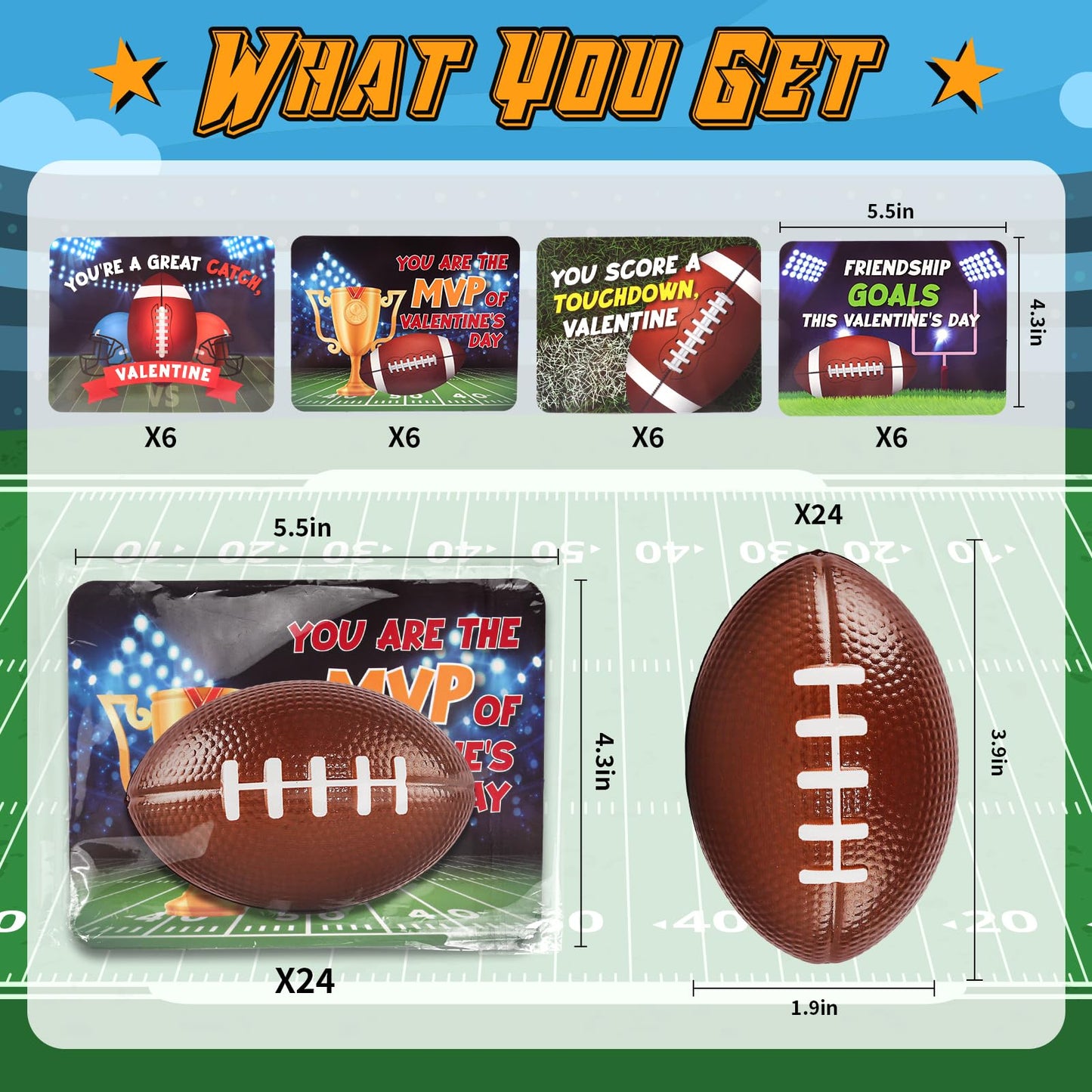 Shemira 24-Pack Valentine Cards with Squeeze Footballs for Kids – Classroom Gift Exchange Kit