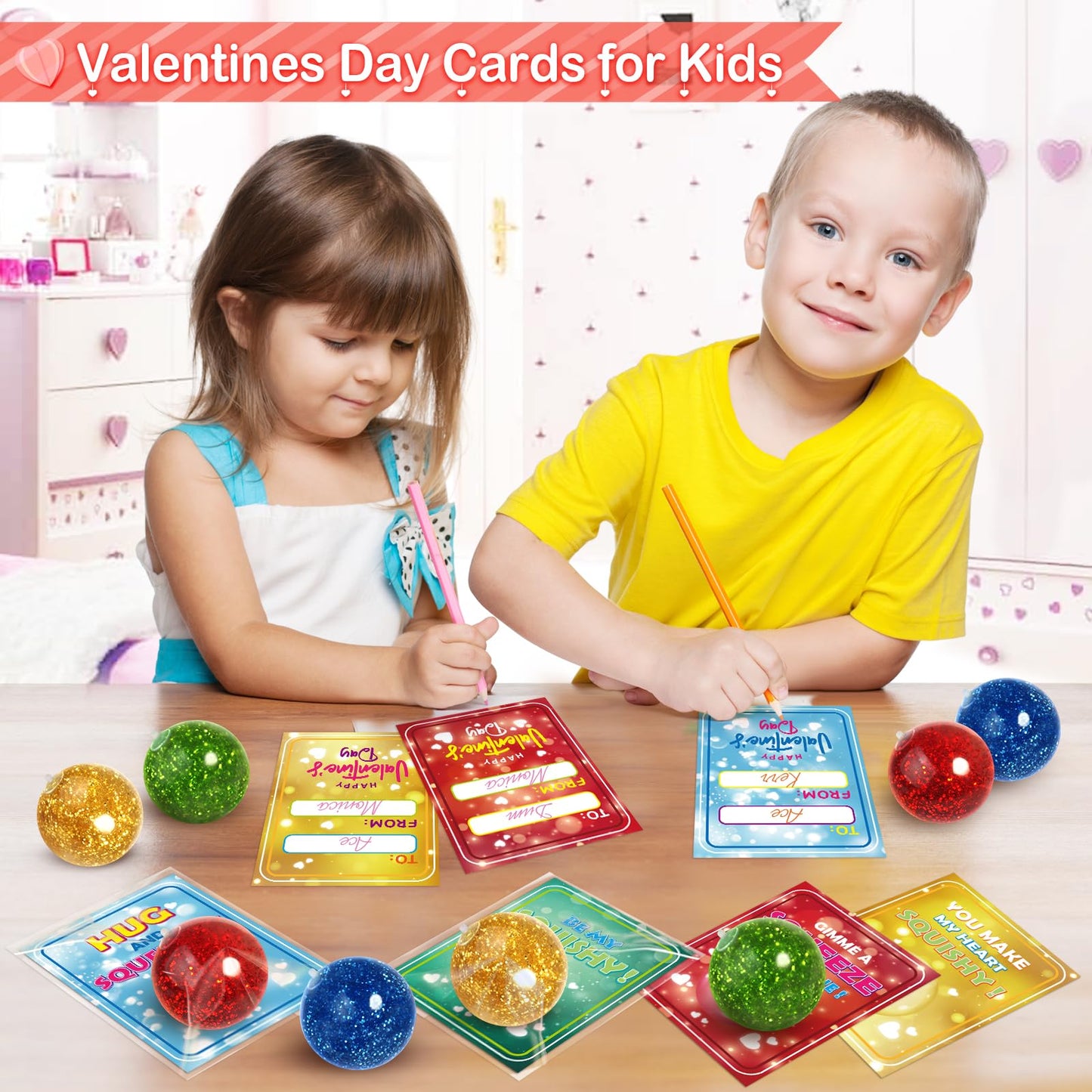 Shemira 24-Pack Valentine Cards with Stretchy Glitter Balls for Classroom Gift Exchange