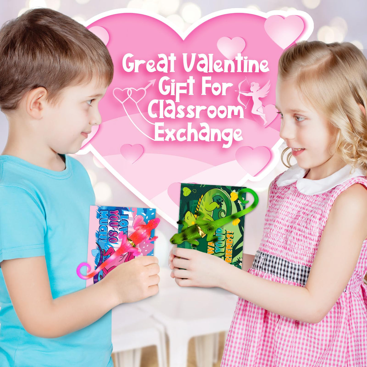 Shemira 24-Pack Valentines Cards with Color-Changing Lizard Toys – Classroom Gift Set