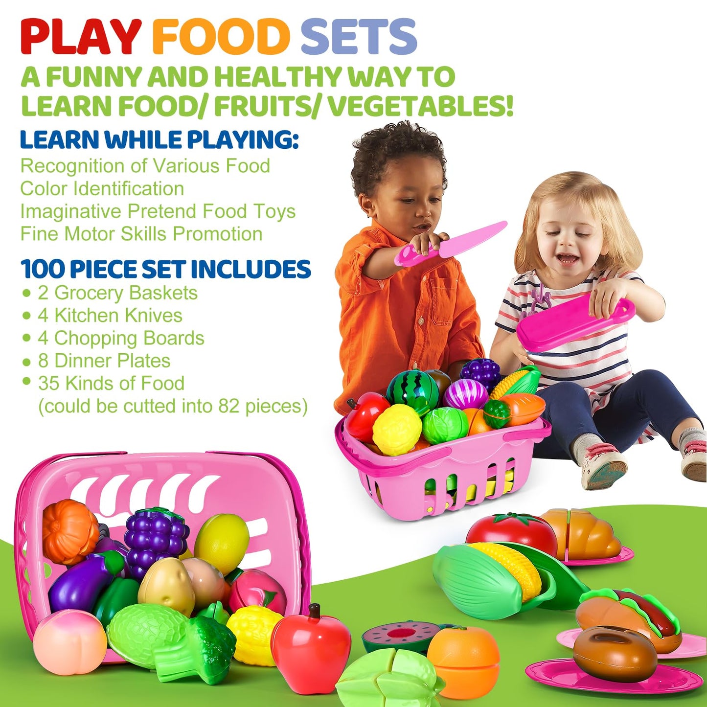 Shemira 100 PCS Cutting Play Food Toy Set for Kids – Pretend Kitchen with 2 Baskets (Pink)