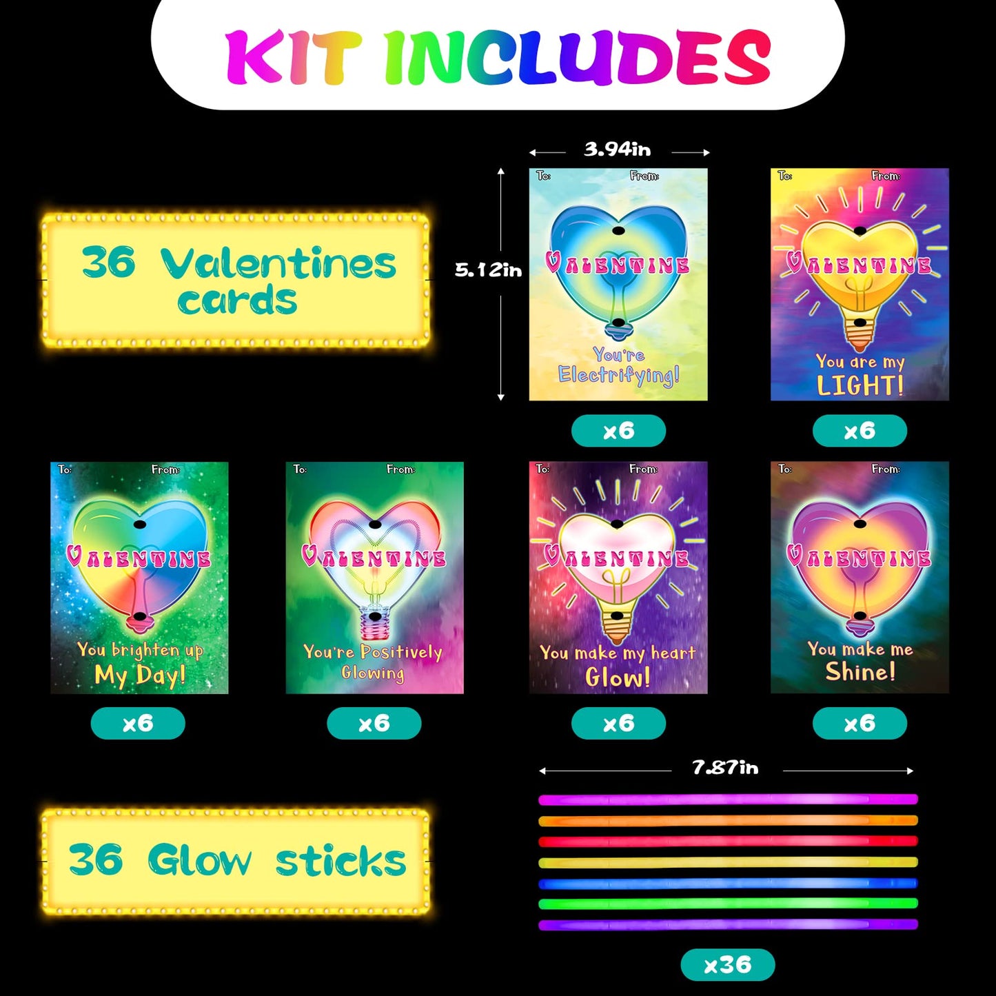 Shemira 36-Pack Valentines Day Cards with Glow Sticks for Kids | Classroom Gift Exchange