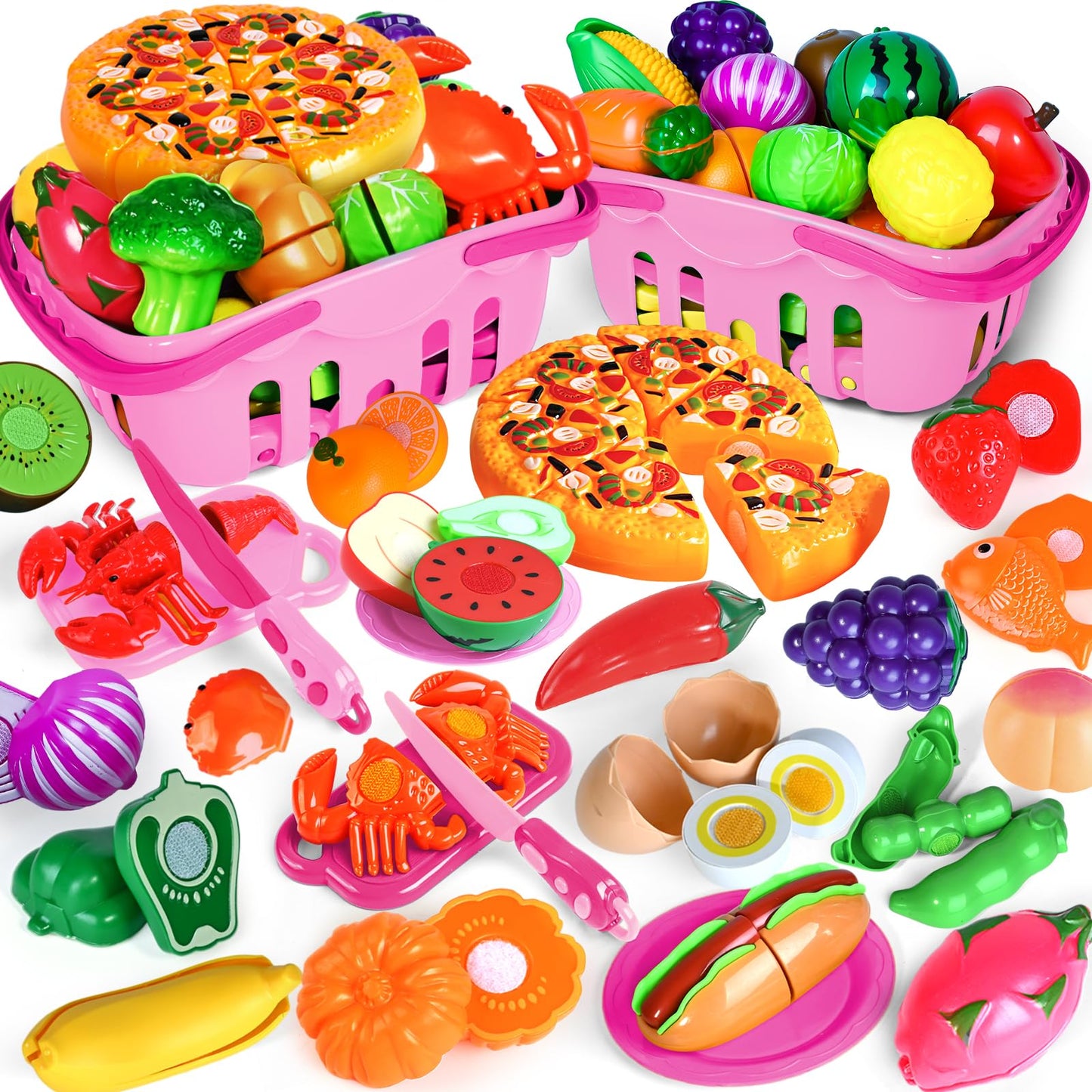 Shemira 100 PCS Cutting Play Food Toy Set for Kids – Pretend Kitchen with 2 Baskets (Pink)