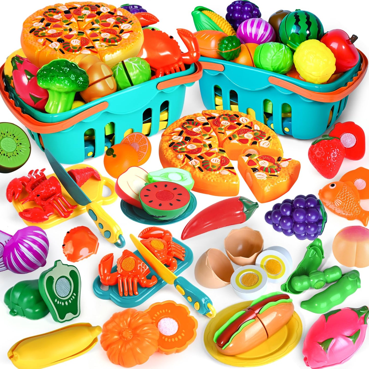 Shemira 100-Piece Cutting Play Food Set for Kids – Pretend Kitchen Toys with 2 Baskets