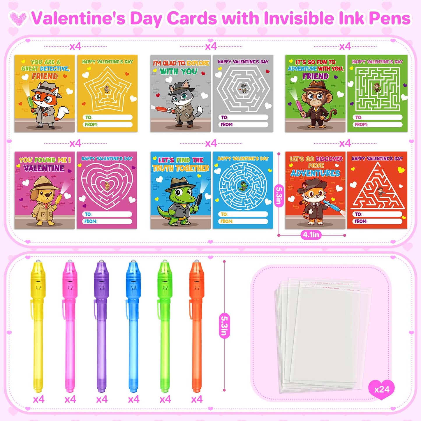 Shemira 24-Pack Valentines Day Cards for Kids with Invisible Ink Pens – Detective Theme Classroom Exchange & Party Favors