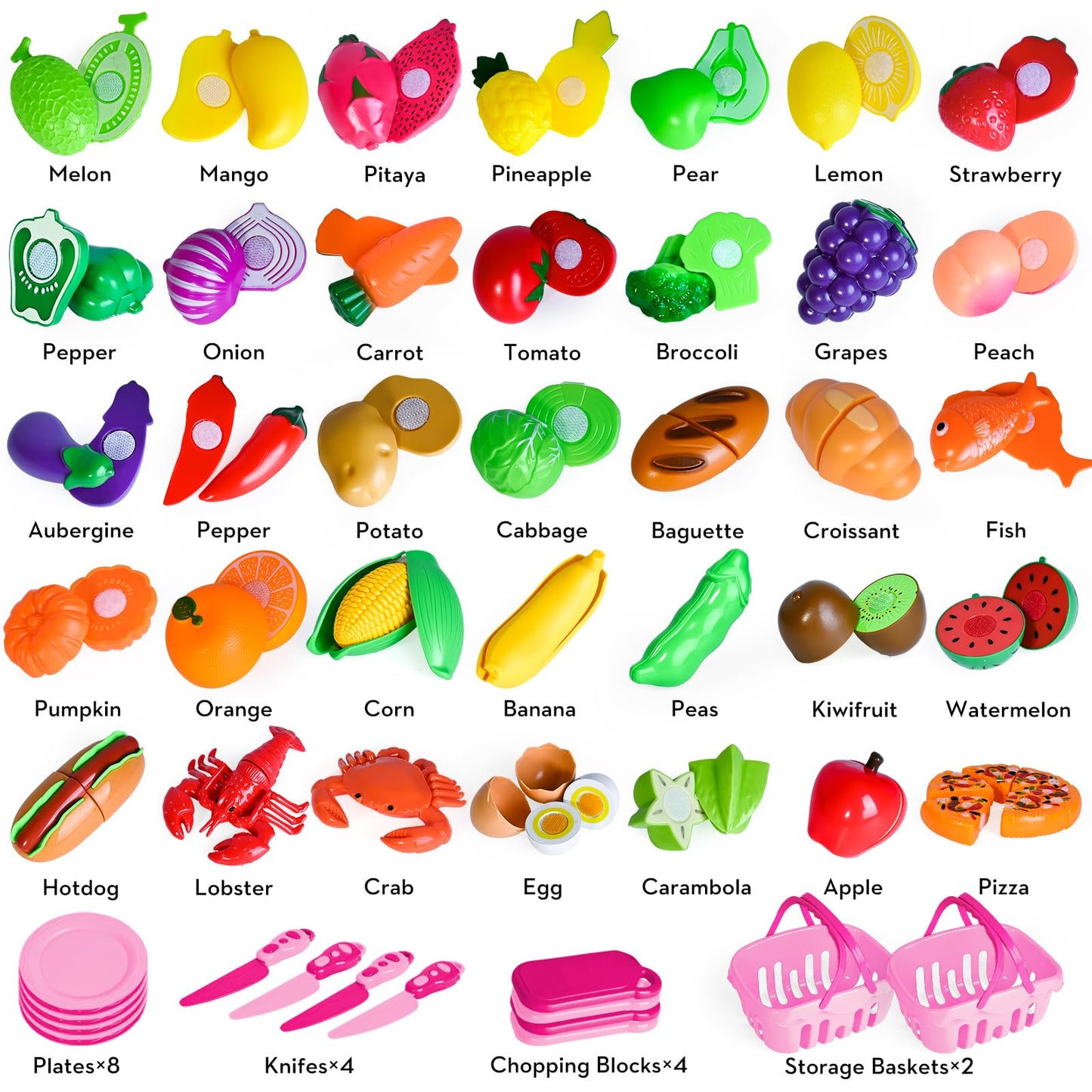 Shemira 100 PCS Cutting Play Food Toy Set for Kids – Pretend Kitchen with 2 Baskets (Pink)