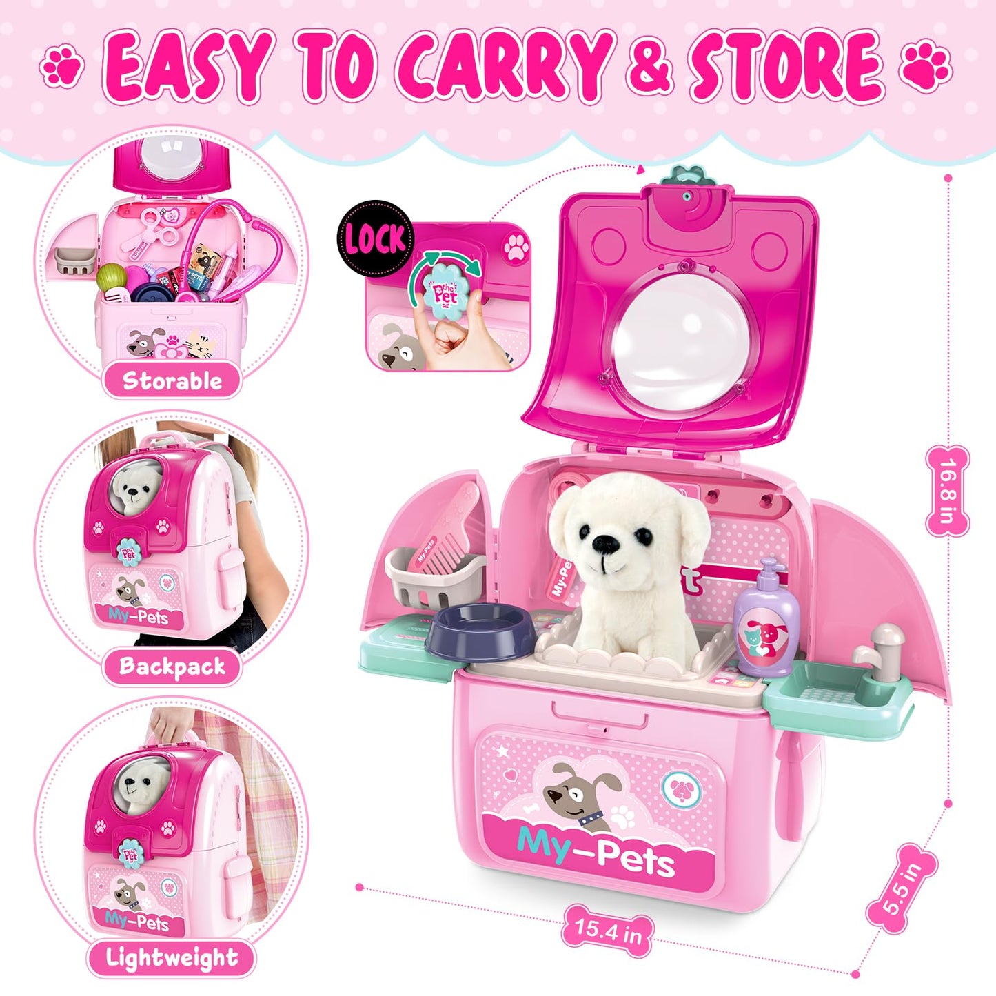 Shemira Pet Doctor Playset for Girls 2-6 — Plush Dog Vet Kit with Storage Backpack