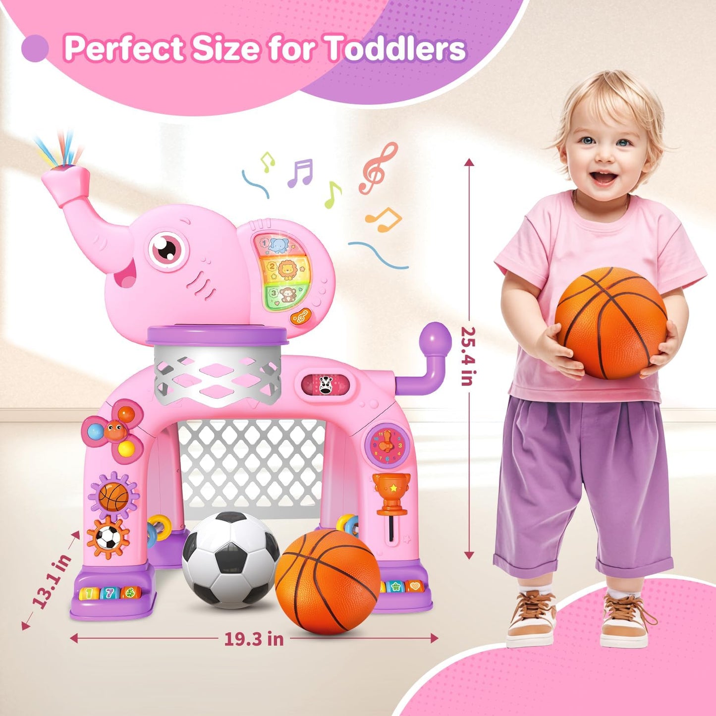 Shemira Elephant Toddler 2-in-1 Basketball Hoop & Soccer Goal – Lights & Music