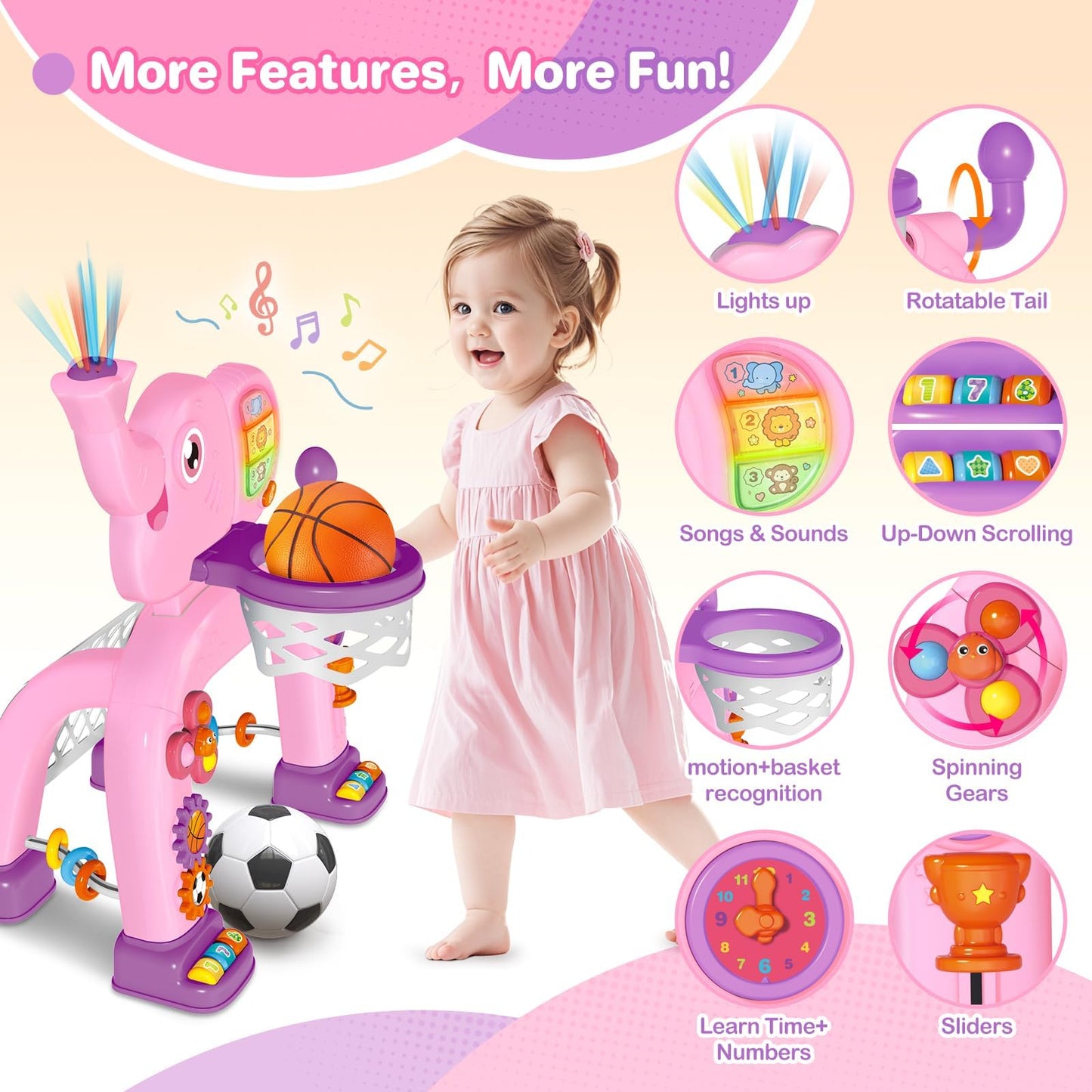 Shemira Elephant Toddler 2-in-1 Basketball Hoop & Soccer Goal – Lights & Music