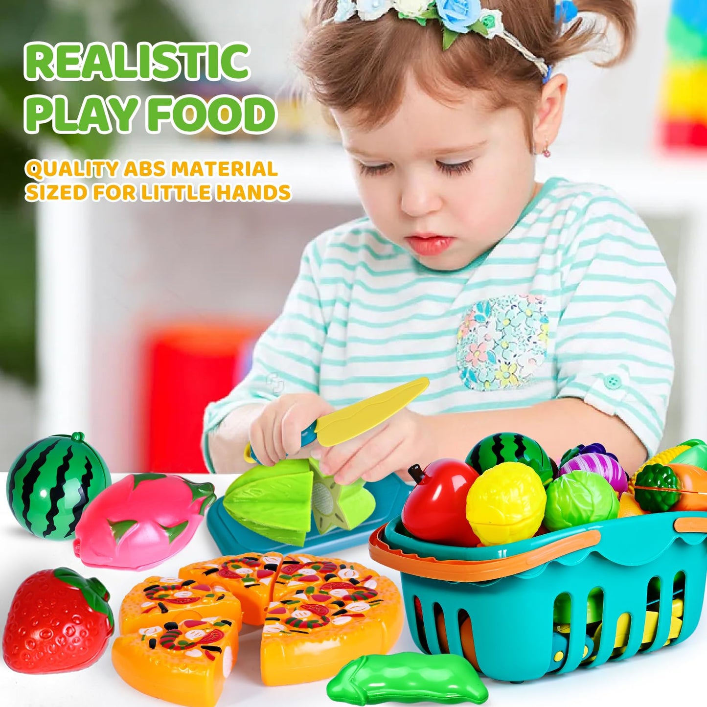 Shemira 100-Piece Cutting Play Food Set for Kids – Pretend Kitchen Toys with 2 Baskets