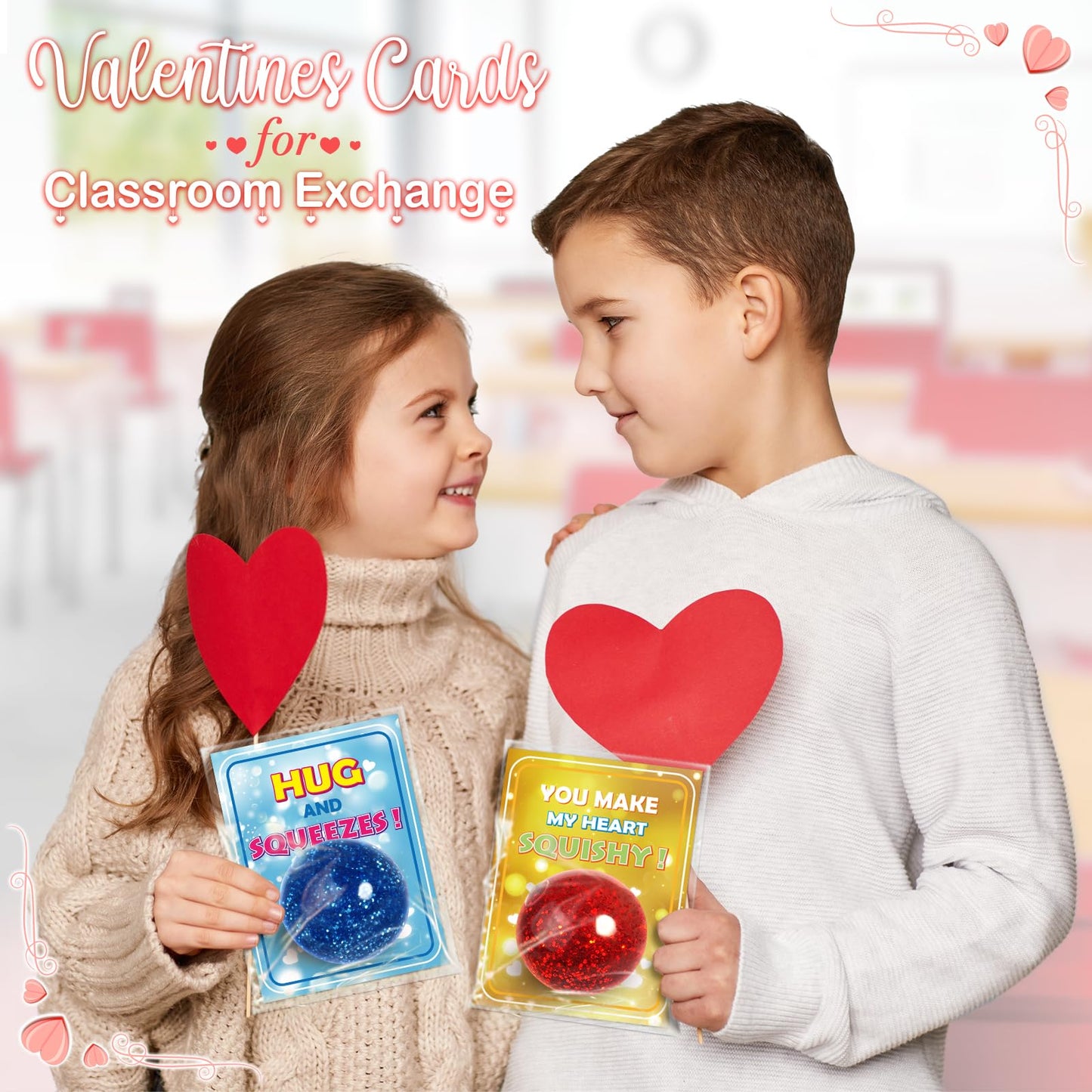 Shemira 24-Pack Valentine Cards with Stretchy Glitter Balls for Classroom Gift Exchange