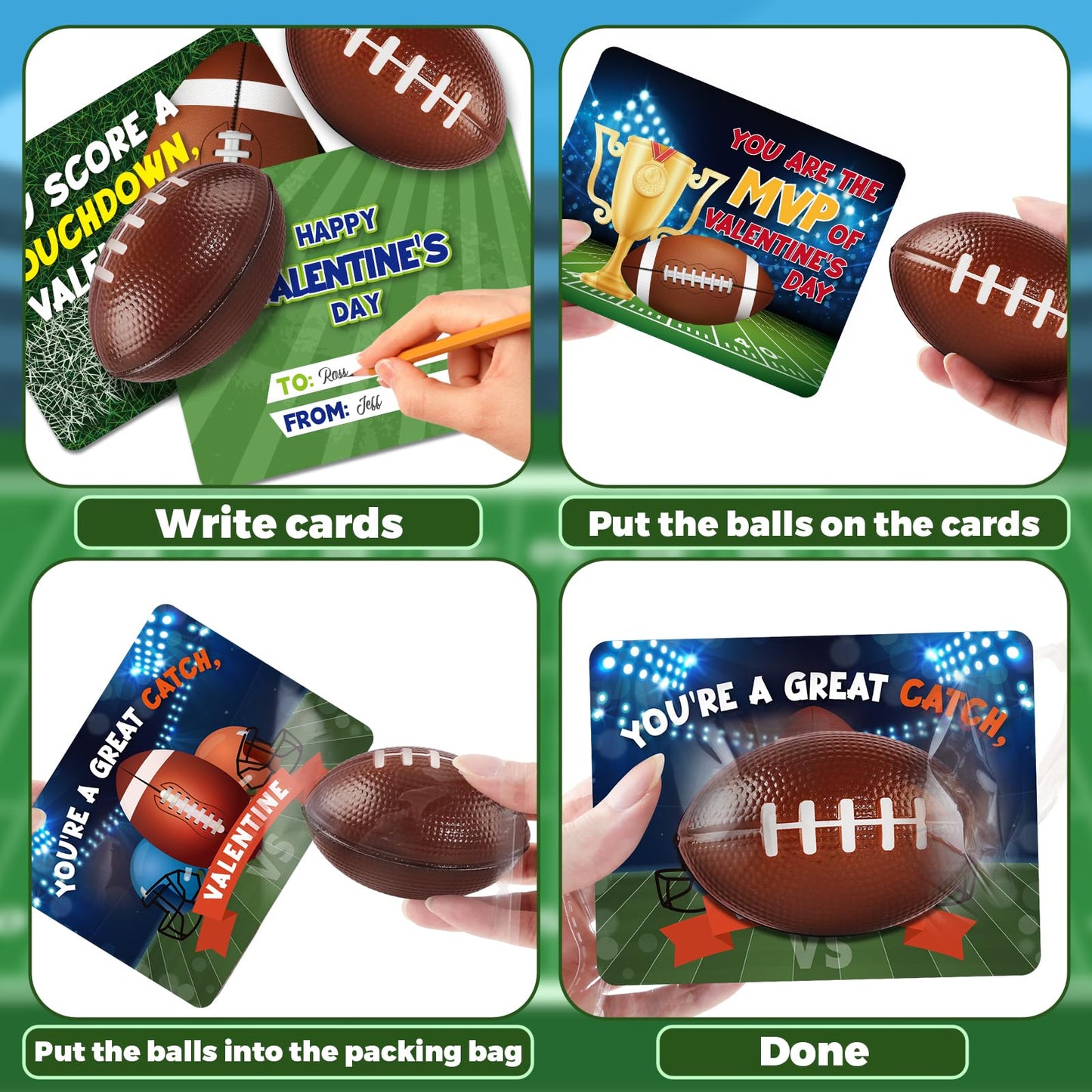 Shemira 24-Pack Valentine Cards with Squeeze Footballs for Kids – Classroom Gift Exchange Kit