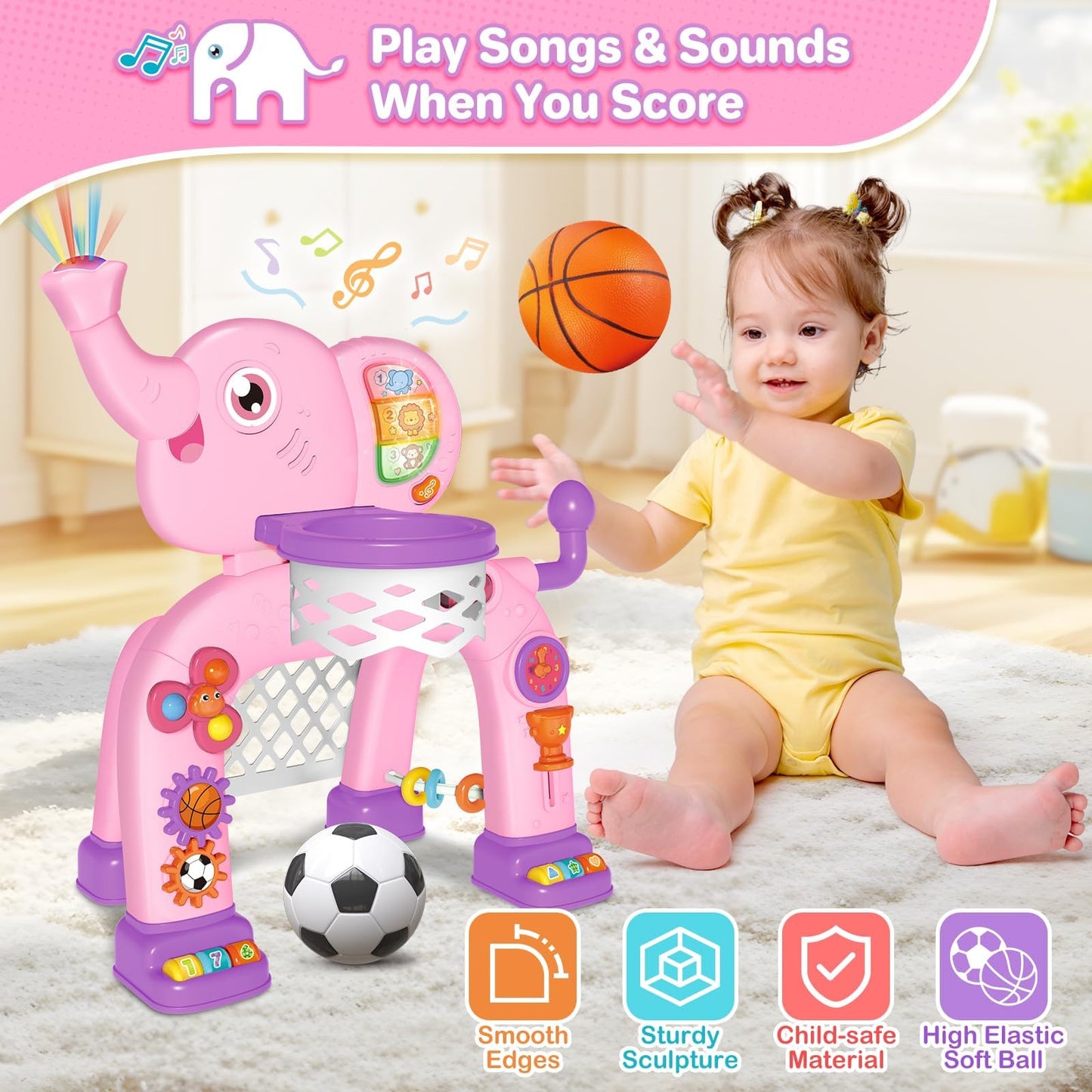 Shemira Elephant Toddler 2-in-1 Basketball Hoop & Soccer Goal – Lights & Music
