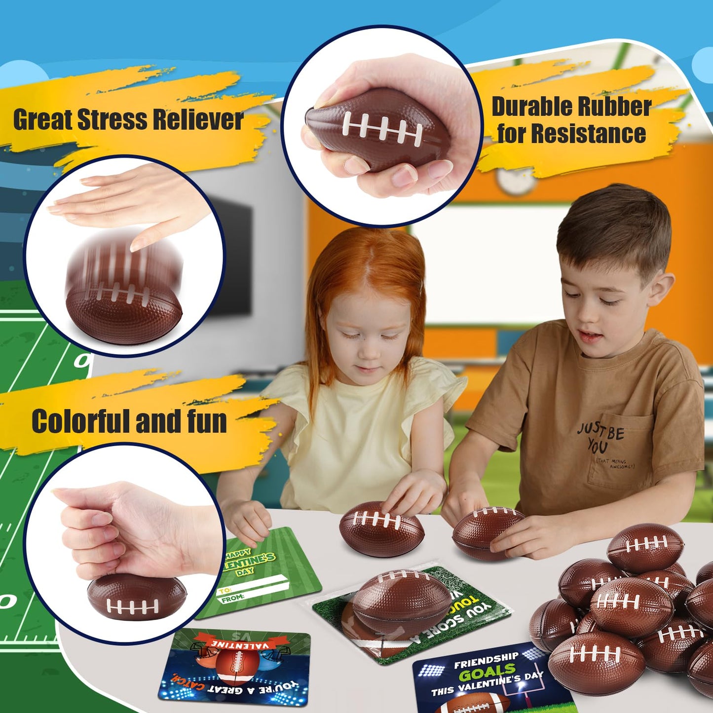 Shemira 24-Pack Valentine Cards with Squeeze Footballs for Kids – Classroom Gift Exchange Kit