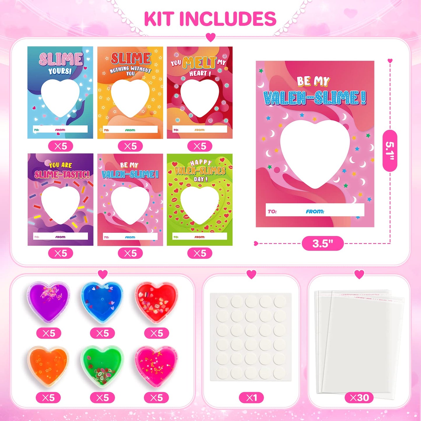 Shemira 30-Pack Valentines Day Cards with Heart Slime – Classroom Gift Favors