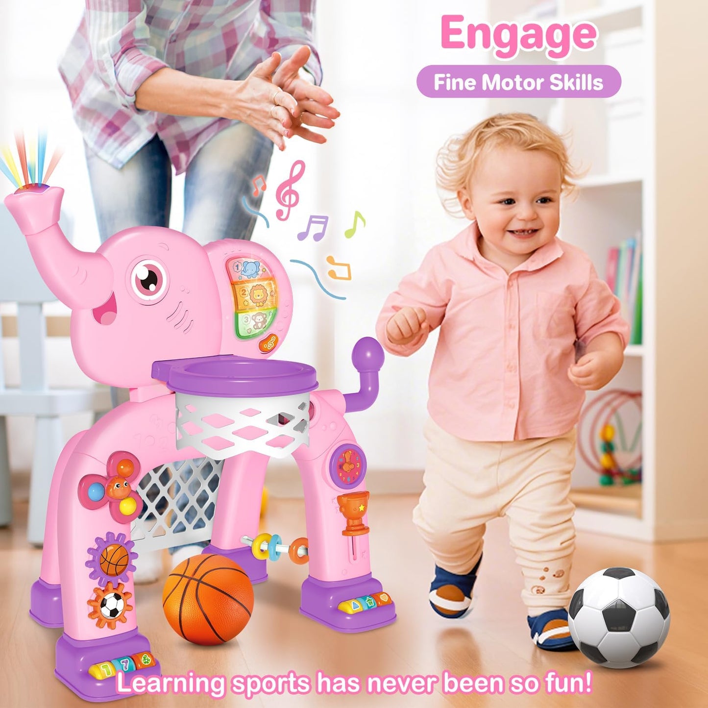 Shemira Elephant Toddler 2-in-1 Basketball Hoop & Soccer Goal – Lights & Music