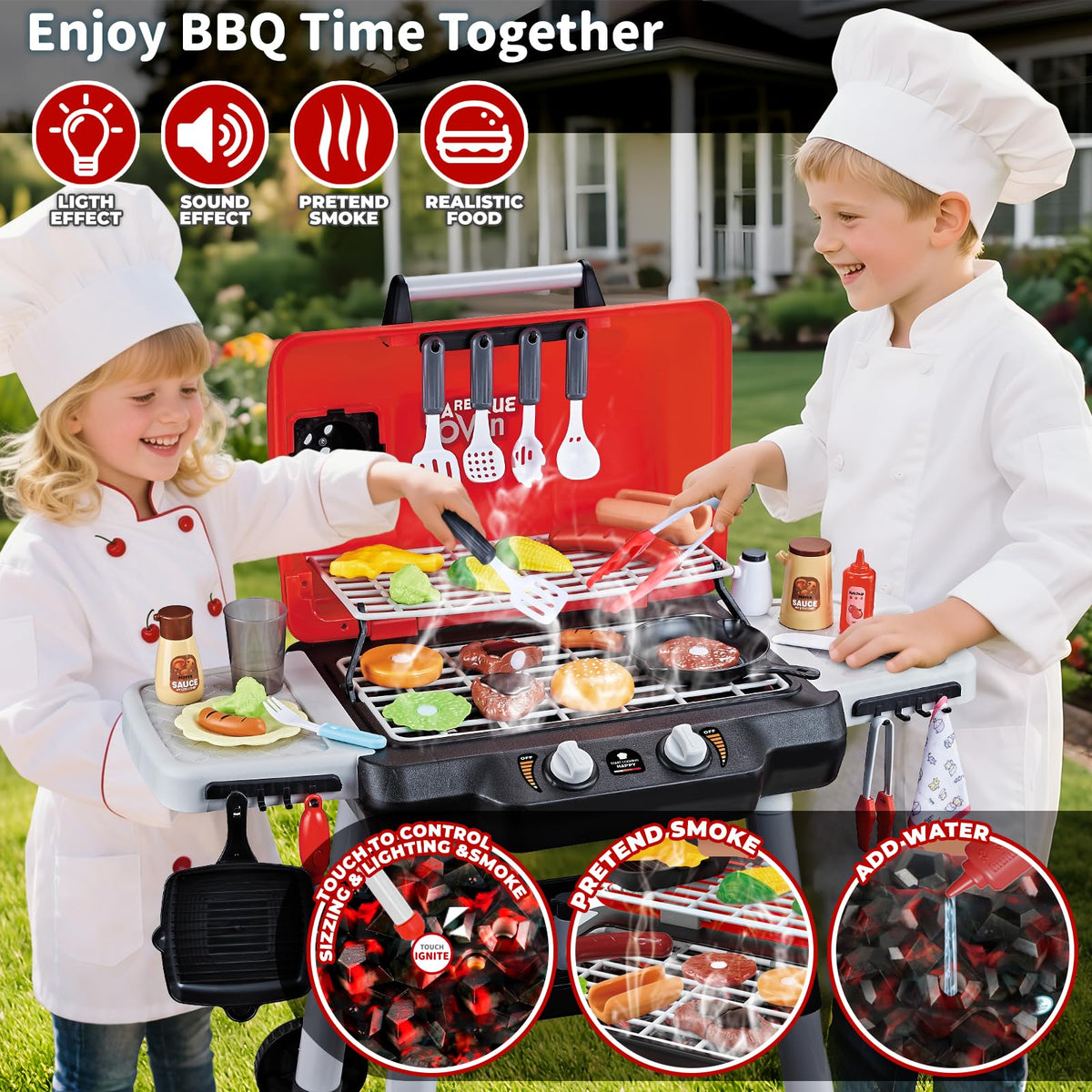 Shemira Kids BBQ Grill Playset – 2-Tier Outdoor Grill with Lights, Smoke, and 35 Accessories