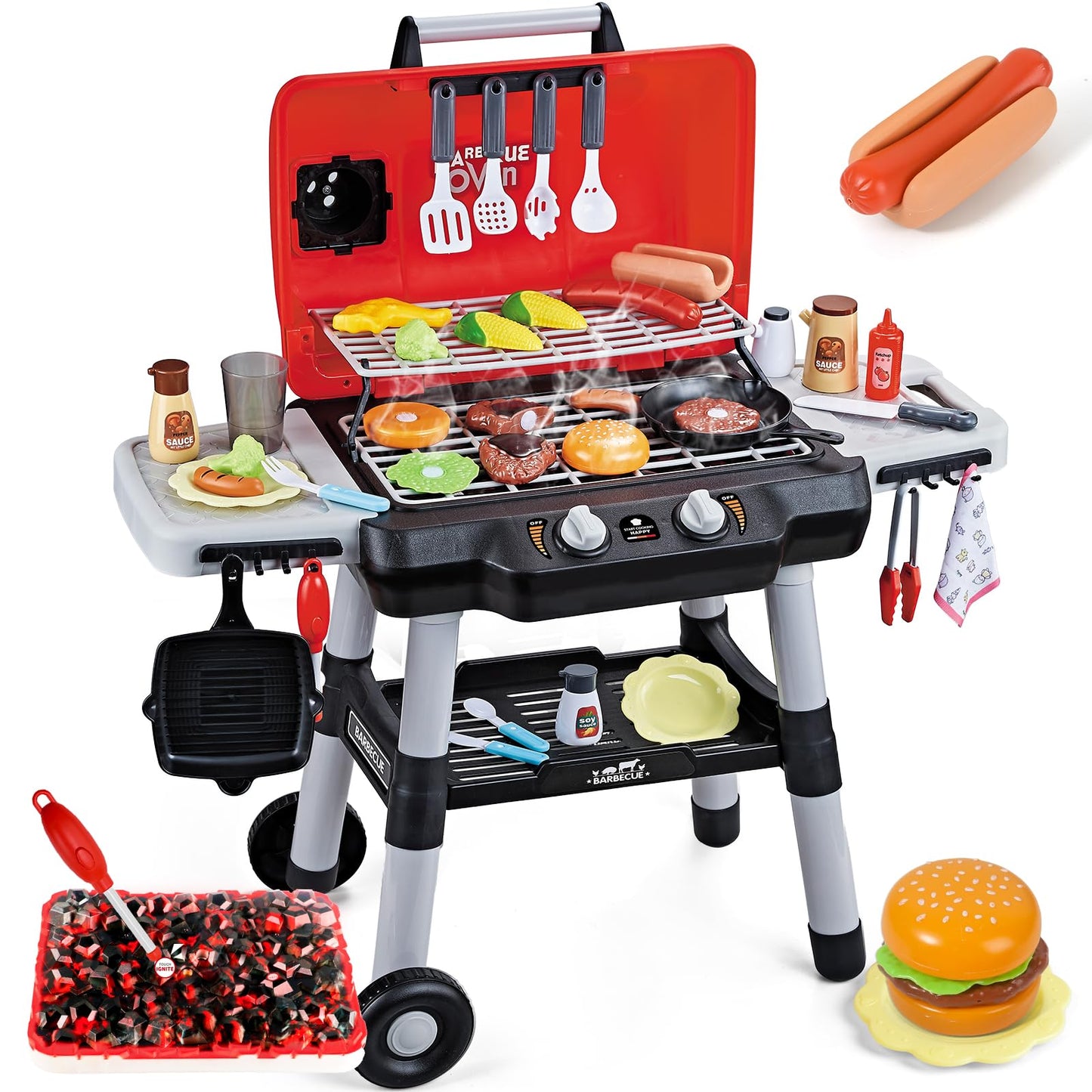 Shemira Kids BBQ Grill Playset – 2-Tier Outdoor Grill with Lights, Smoke, and 35 Accessories