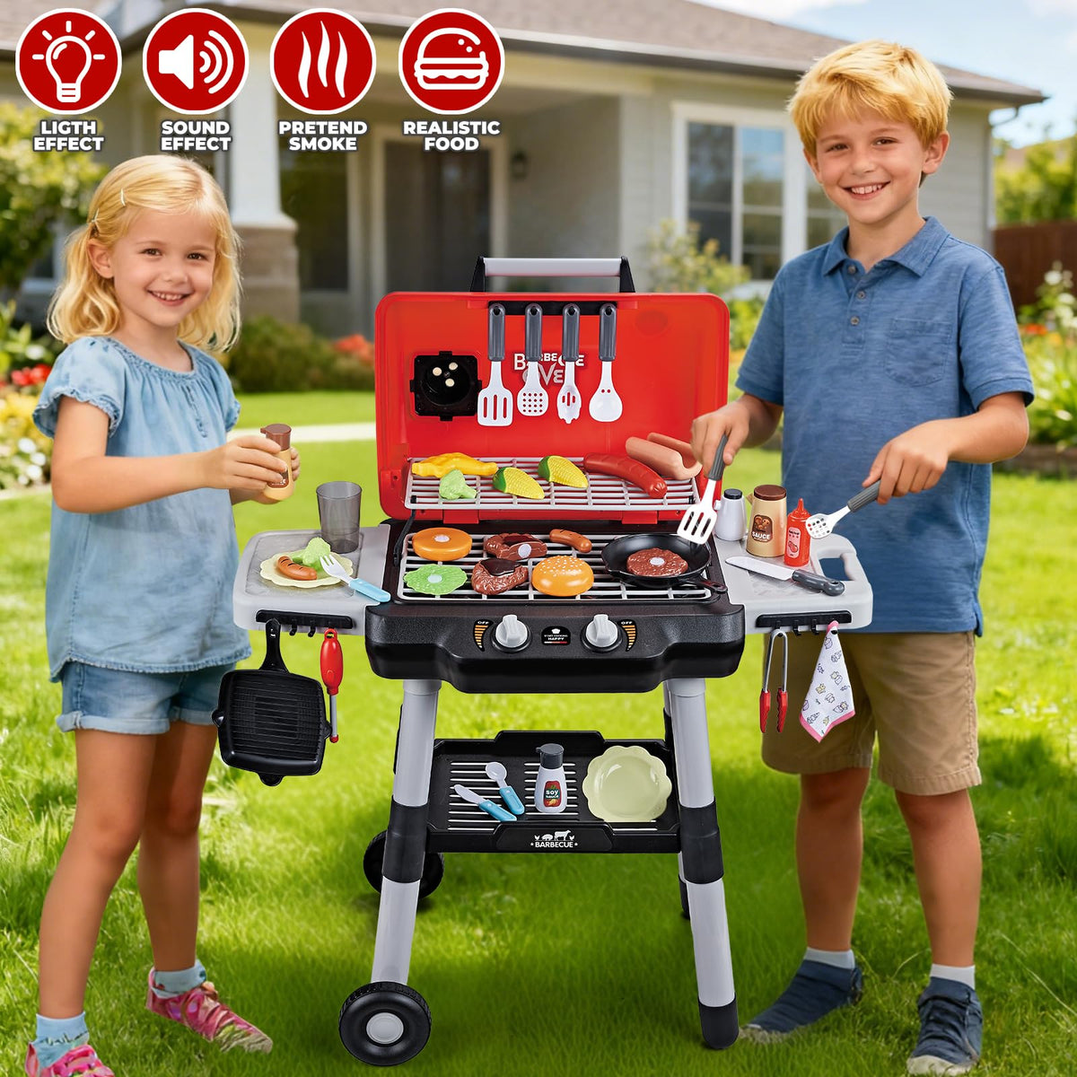 Shemira Kids BBQ Grill Playset – 2-Tier Outdoor Grill with Lights, Smoke, and 35 Accessories