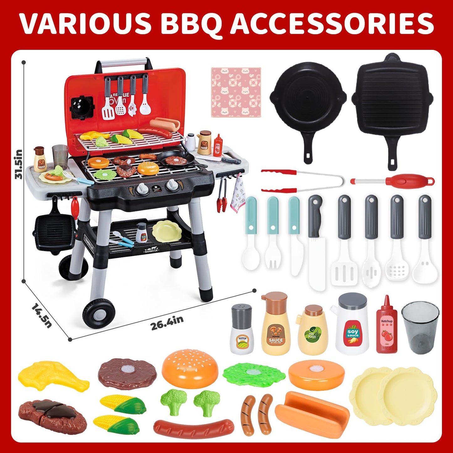 Shemira Kids BBQ Grill Playset – 2-Tier Outdoor Grill with Lights, Smoke, and 35 Accessories