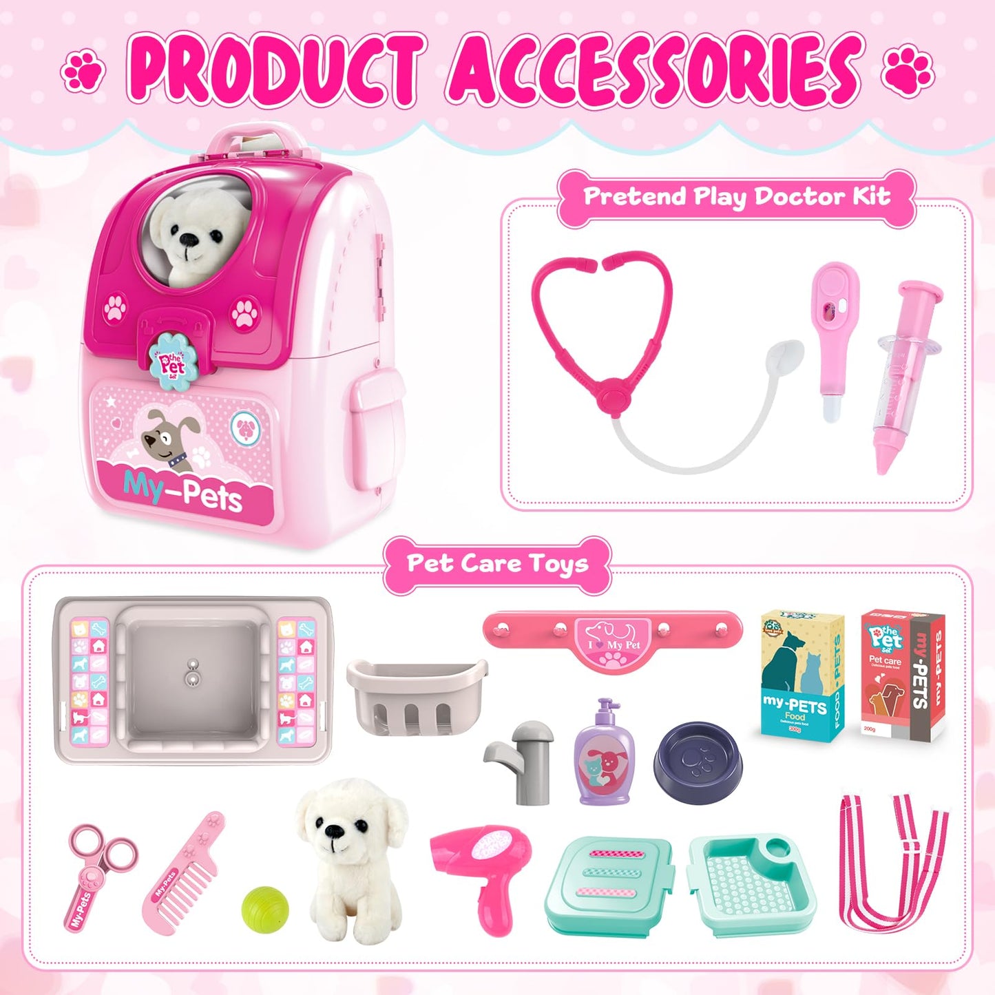 Shemira Pet Doctor Playset for Girls 2-6 — Plush Dog Vet Kit with Storage Backpack