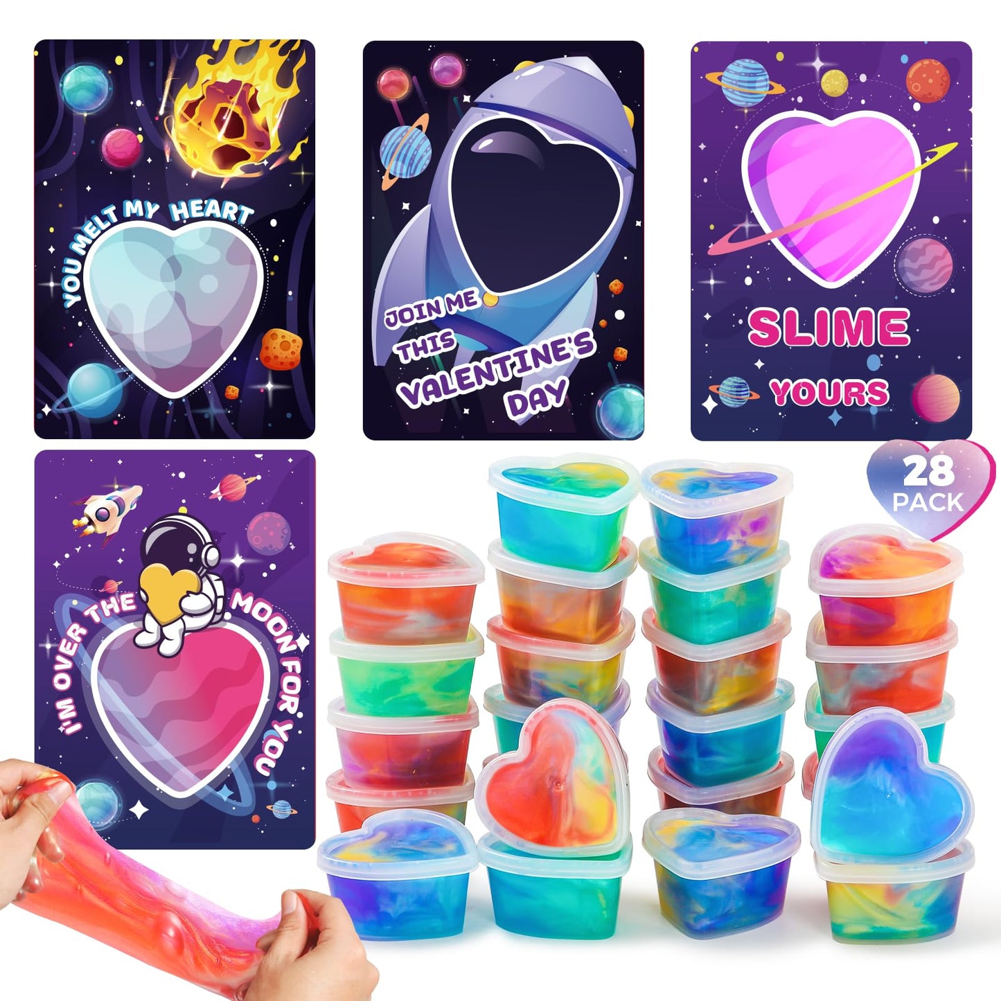 Shemira Kids Valentines Cards with Slime – 28 Pack for Classroom Exchange