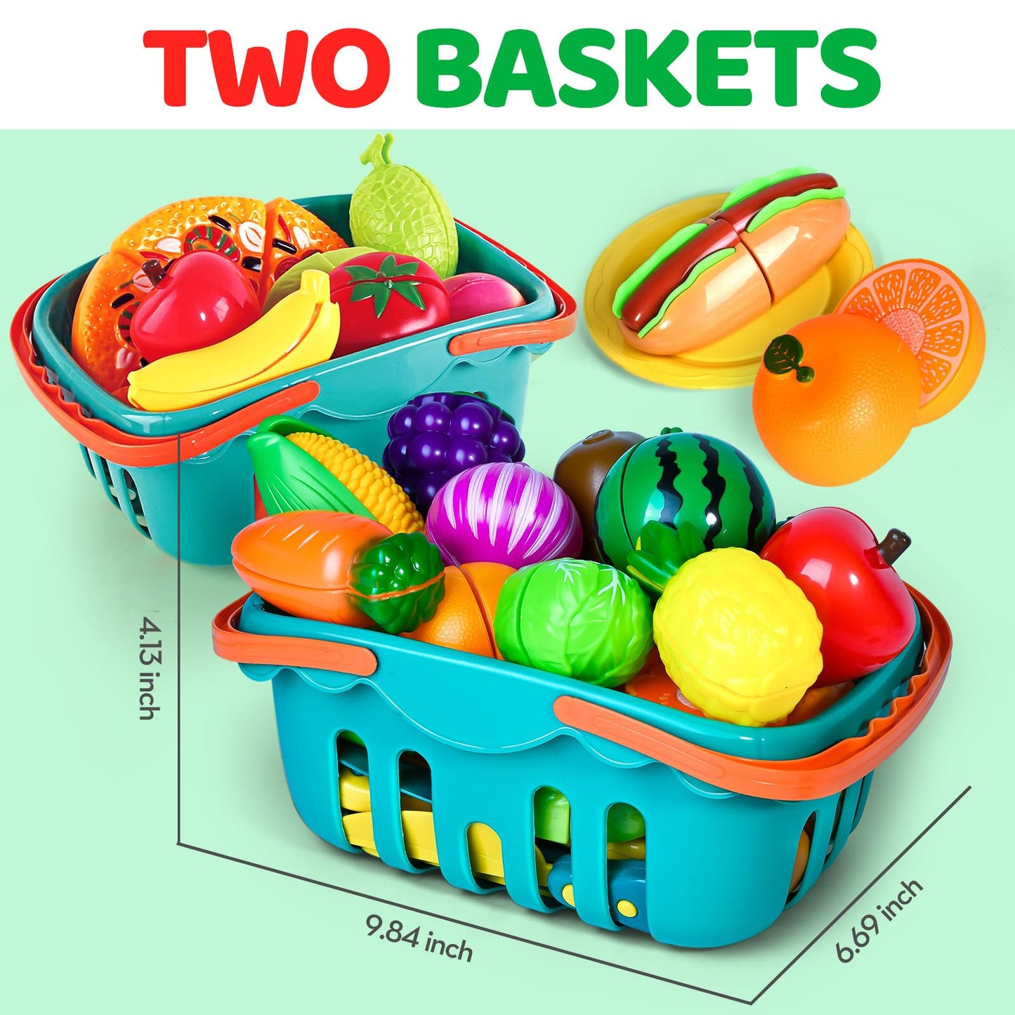 Shemira 100-Piece Cutting Play Food Set for Kids – Pretend Kitchen Toys with 2 Baskets