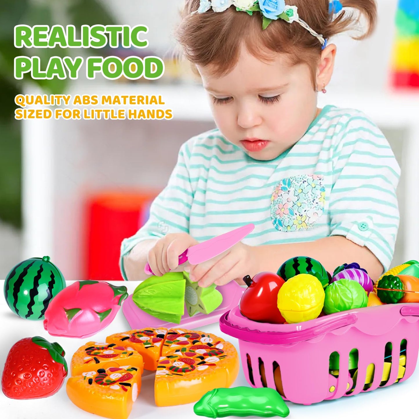Shemira 100 PCS Cutting Play Food Toy Set for Kids – Pretend Kitchen with 2 Baskets (Pink)