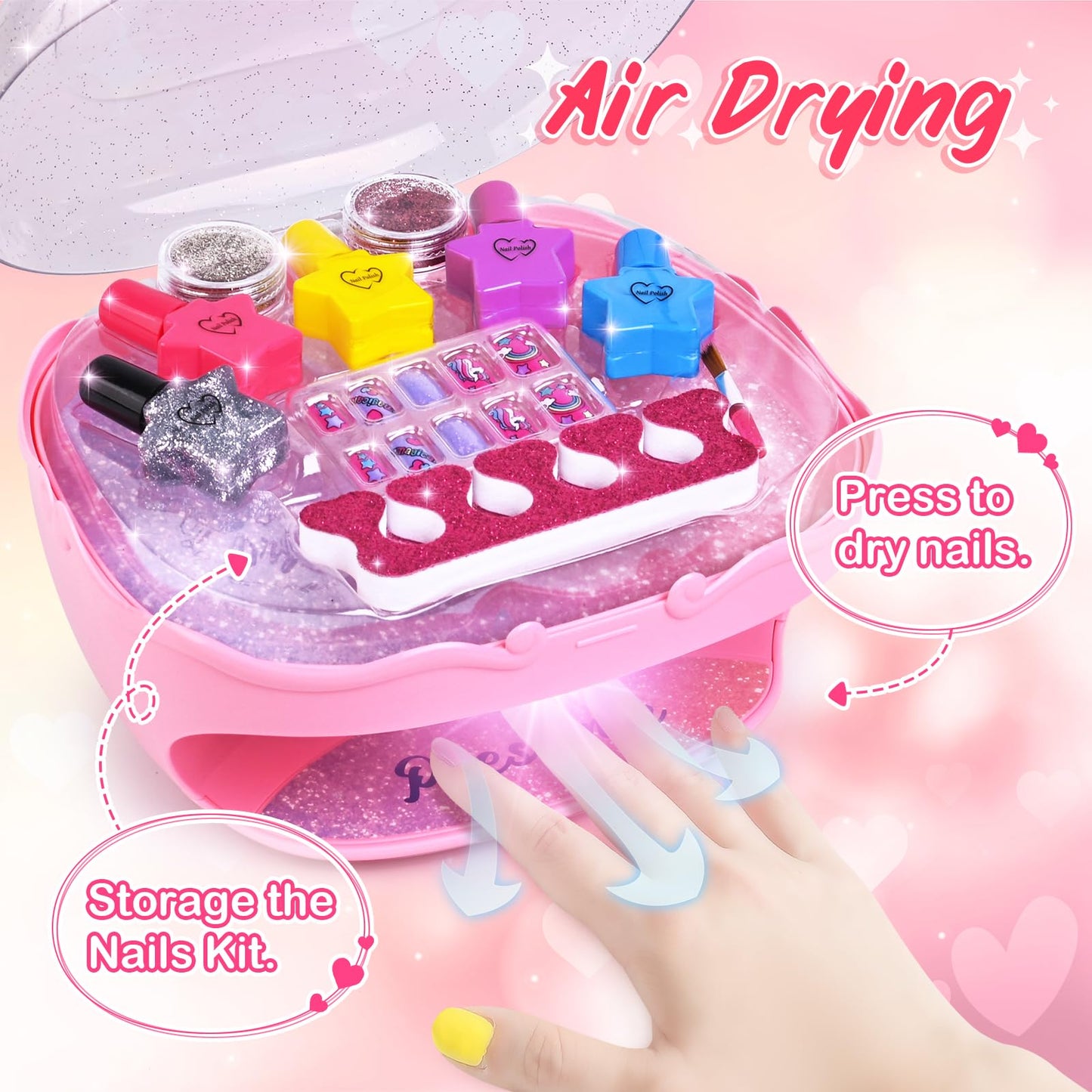 Shemira Nail Polish Kit for Girls 7-12 – Pink Dryer, Glitter, and Nail Art Studio