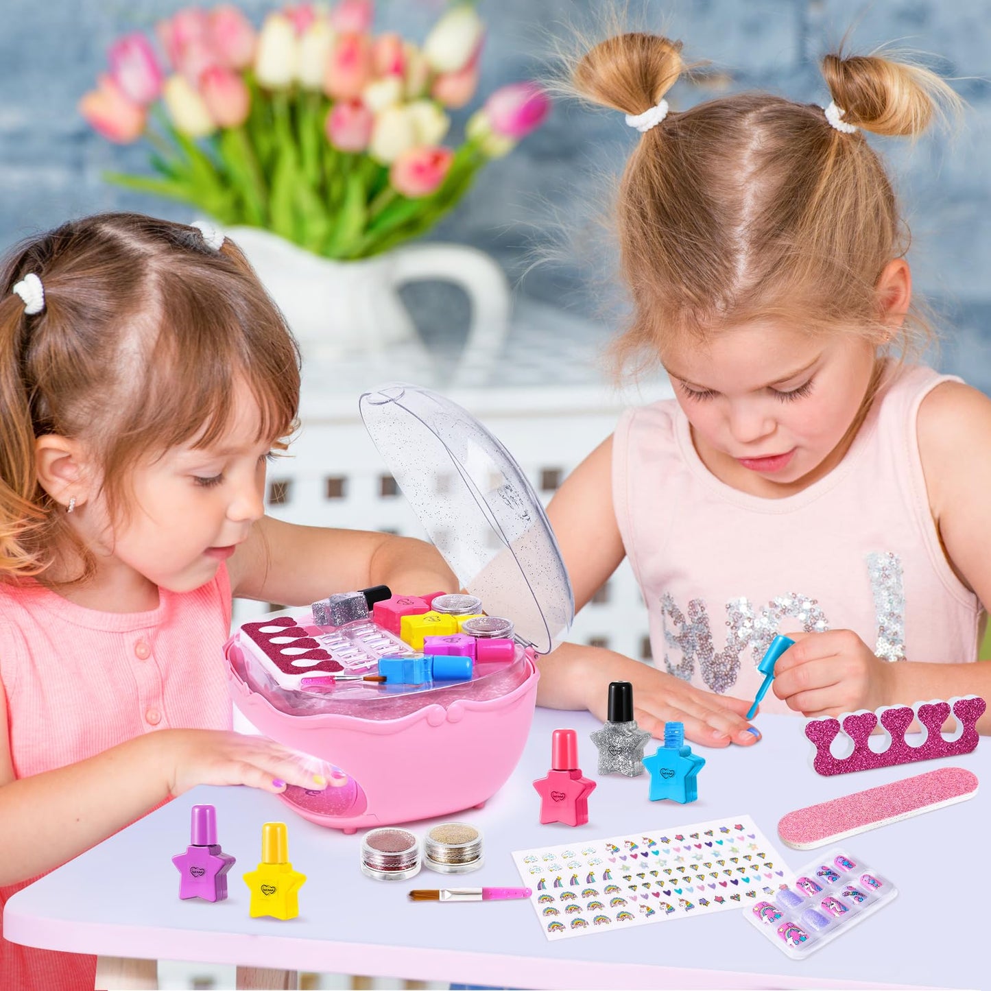 Shemira Nail Polish Kit for Girls 7-12 – Pink Dryer, Glitter, and Nail Art Studio
