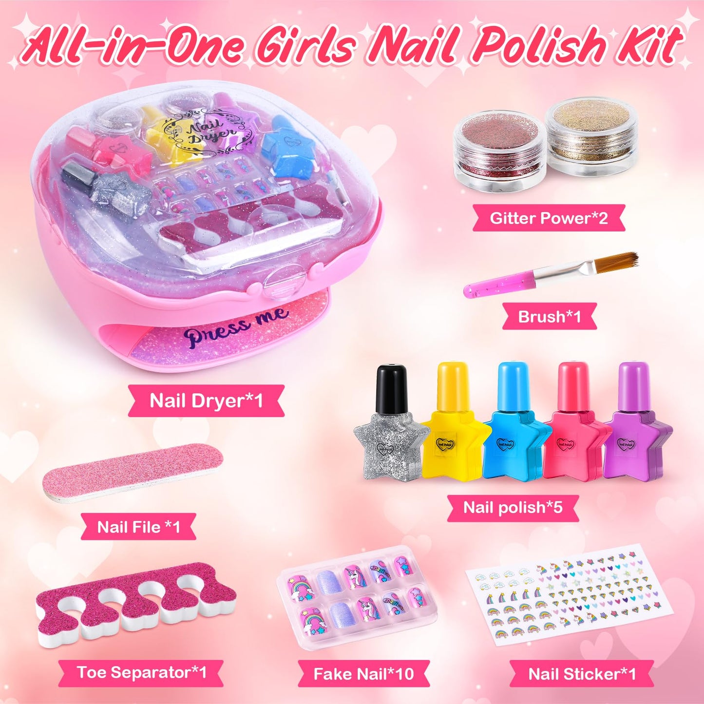Shemira Nail Polish Kit for Girls 7-12 – Pink Dryer, Glitter, and Nail Art Studio