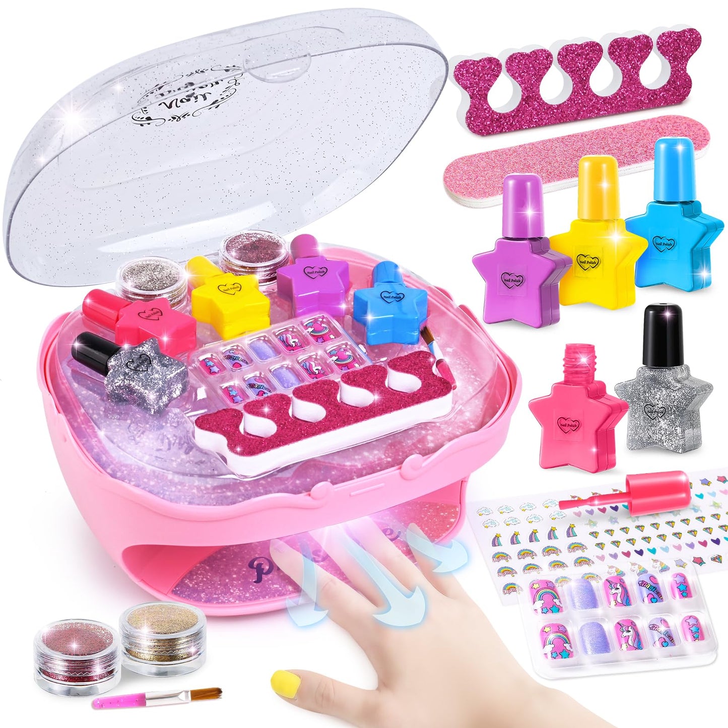 Shemira Nail Polish Kit for Girls 7-12 – Pink Dryer, Glitter, and Nail Art Studio
