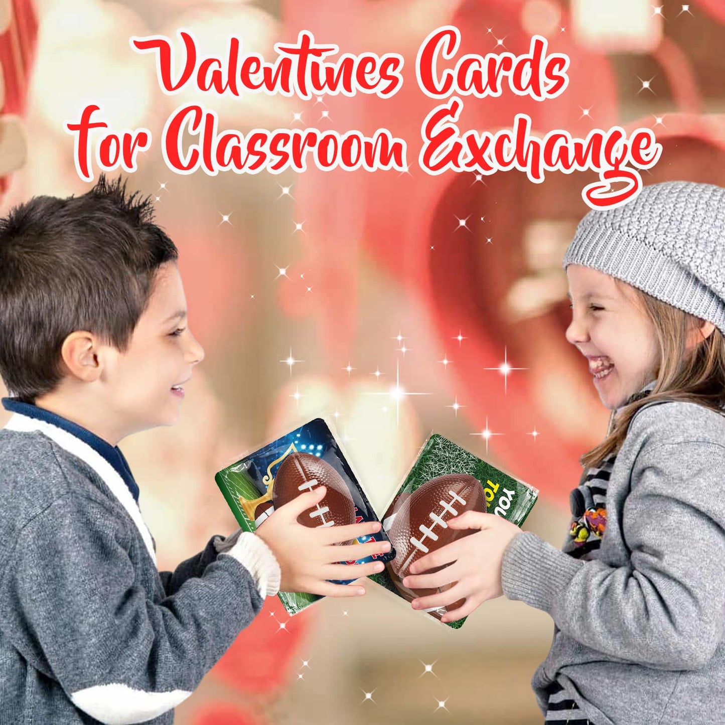 Shemira 24-Pack Valentine Cards with Squeeze Footballs for Kids – Classroom Gift Exchange Kit