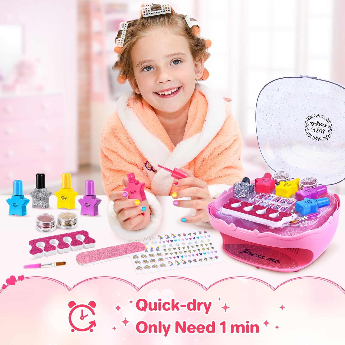 Shemira Nail Polish Kit for Girls 7-12 – Pink Dryer, Glitter, and Nail Art Studio