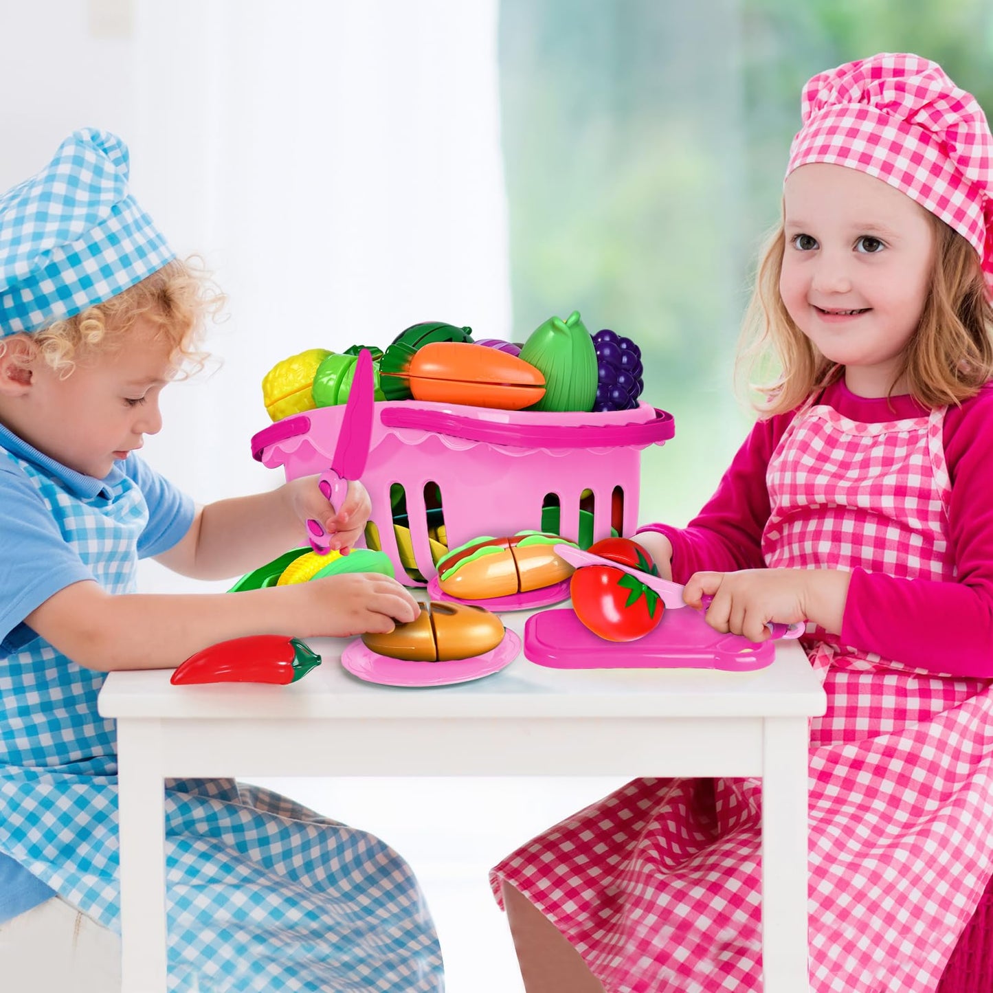 Shemira 100 PCS Cutting Play Food Toy Set for Kids – Pretend Kitchen with 2 Baskets (Pink)