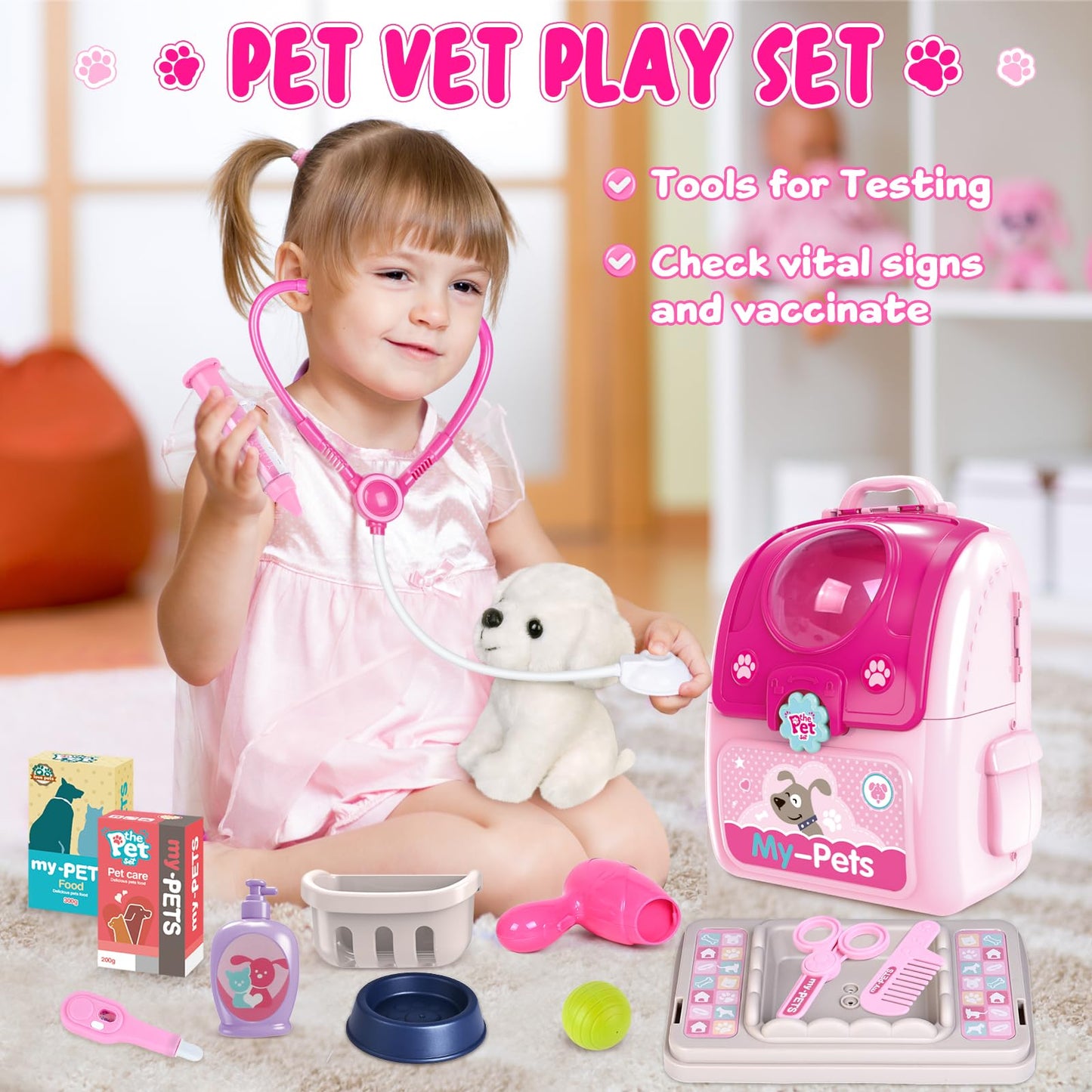 Shemira Pet Doctor Playset for Girls 2-6 — Plush Dog Vet Kit with Storage Backpack