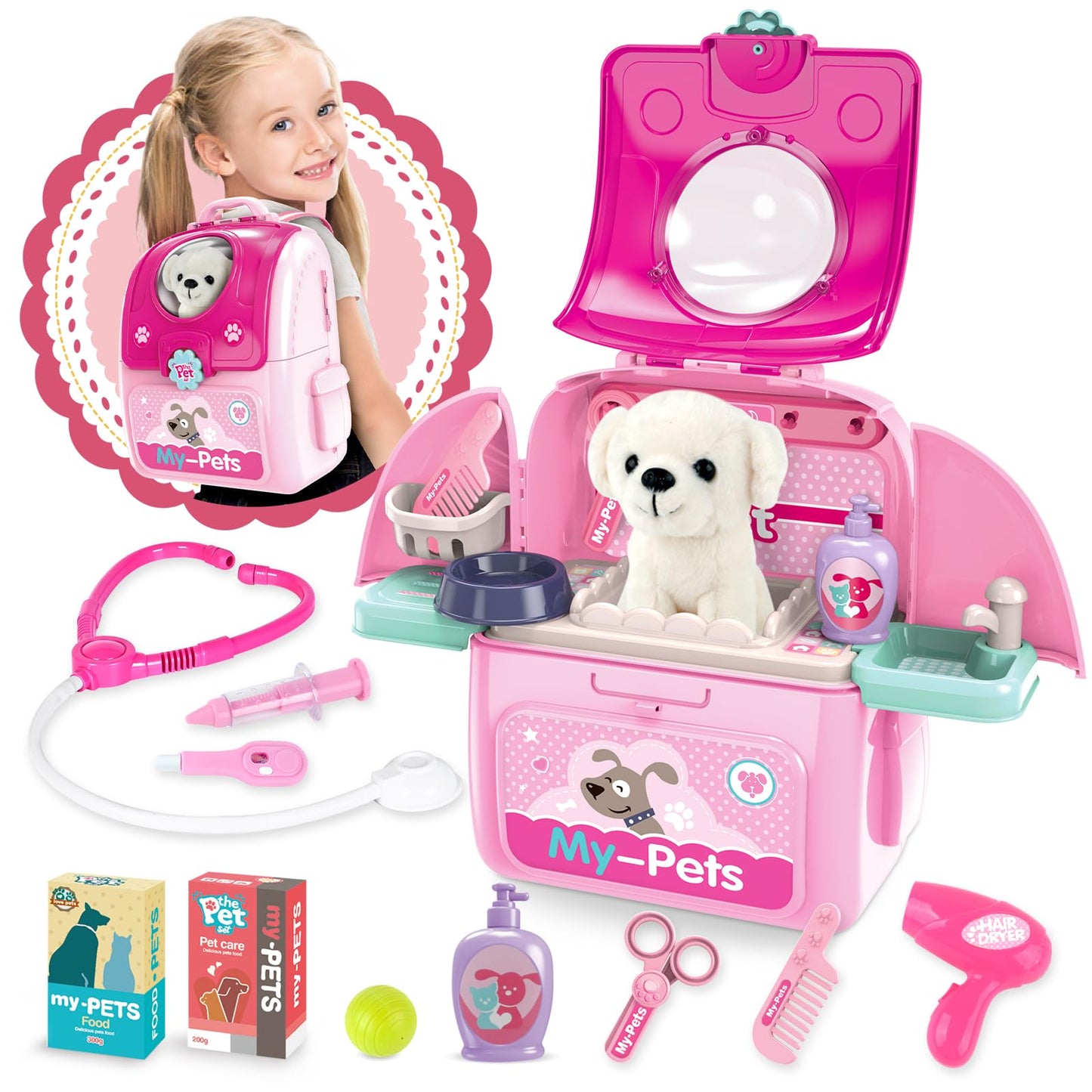 Shemira Pet Doctor Playset for Girls 2-6 — Plush Dog Vet Kit with Storage Backpack