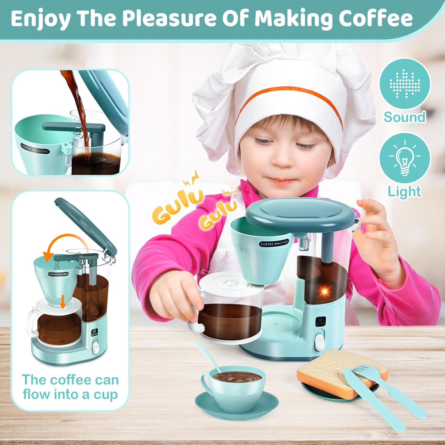 Shemira Play Kitchen Accessories Set – Realistic Coffee Maker, Toaster & More for Kids 3–8