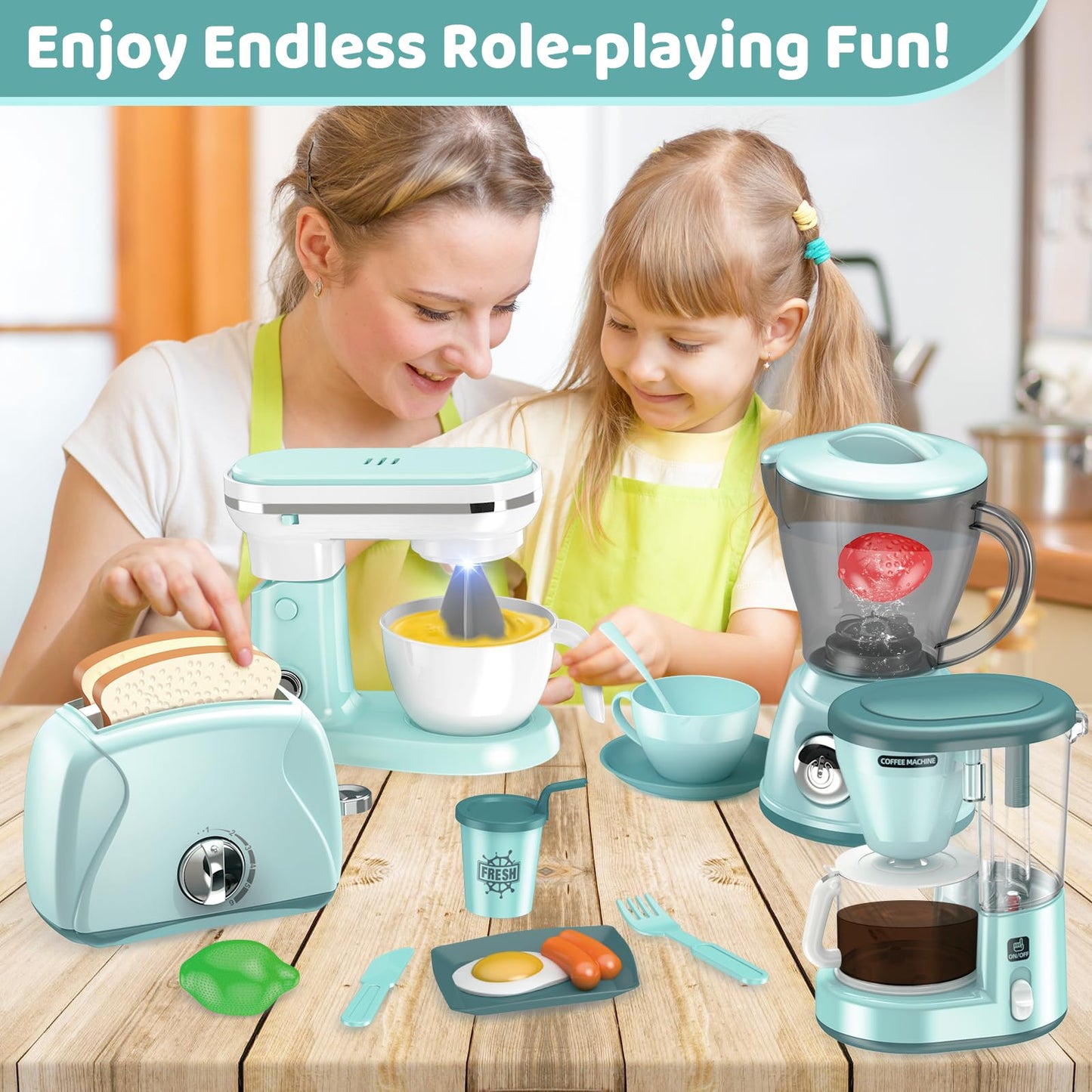 Shemira Play Kitchen Accessories Set – Realistic Coffee Maker, Toaster & More for Kids 3–8