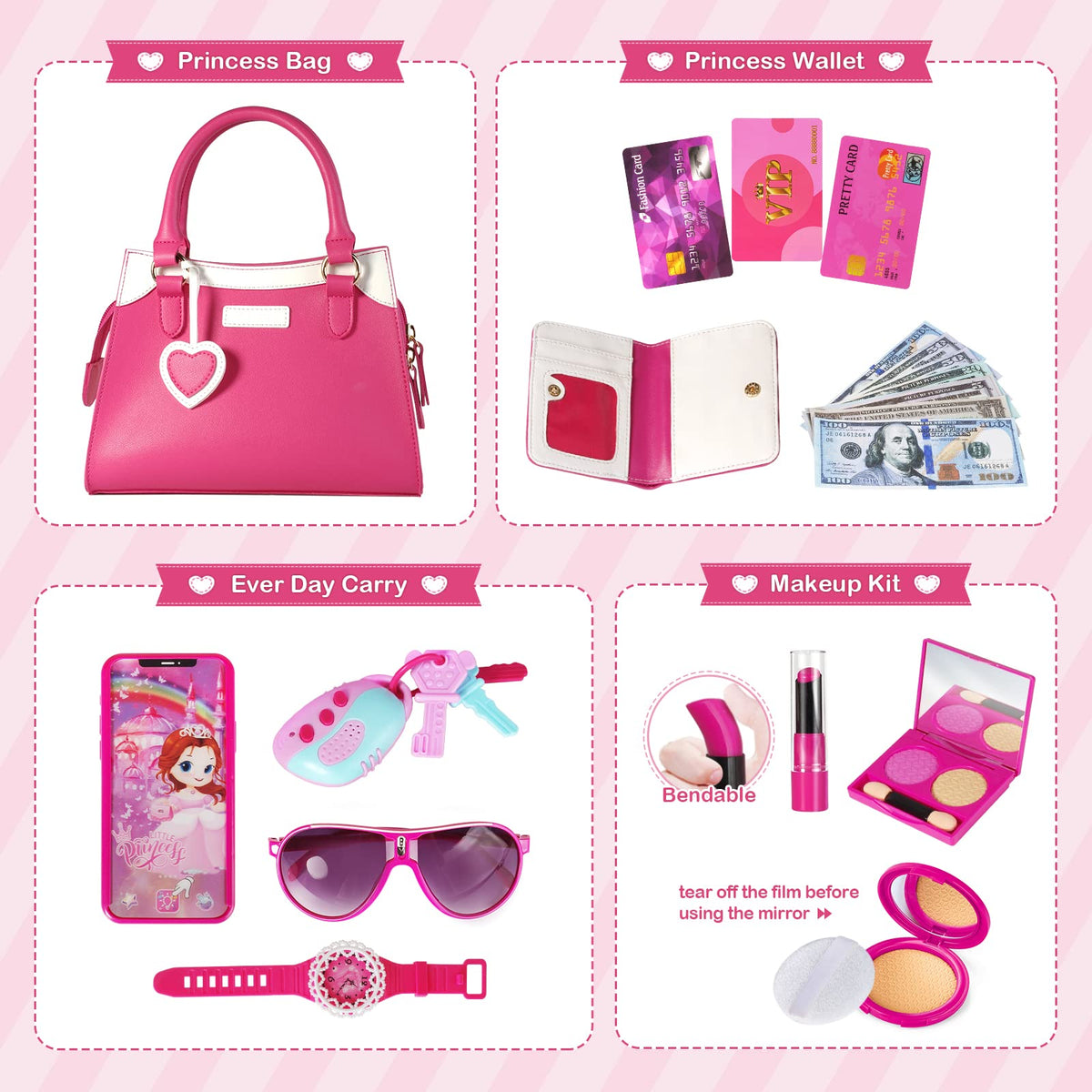 Shemira Play Purse Pink – Princess Pretend Toy Set for Girls Aged 3-8