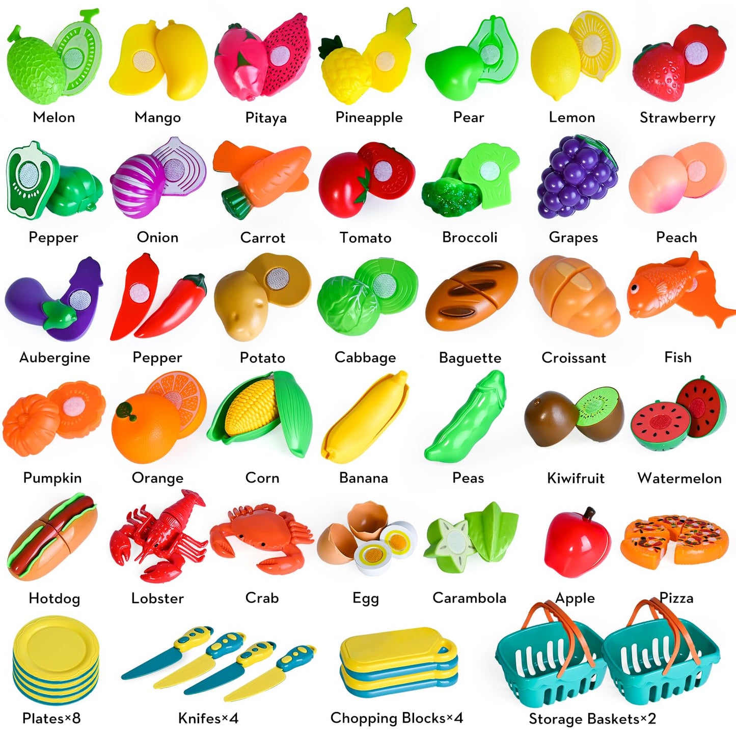 Shemira 100-Piece Cutting Play Food Set for Kids – Pretend Kitchen Toys with 2 Baskets