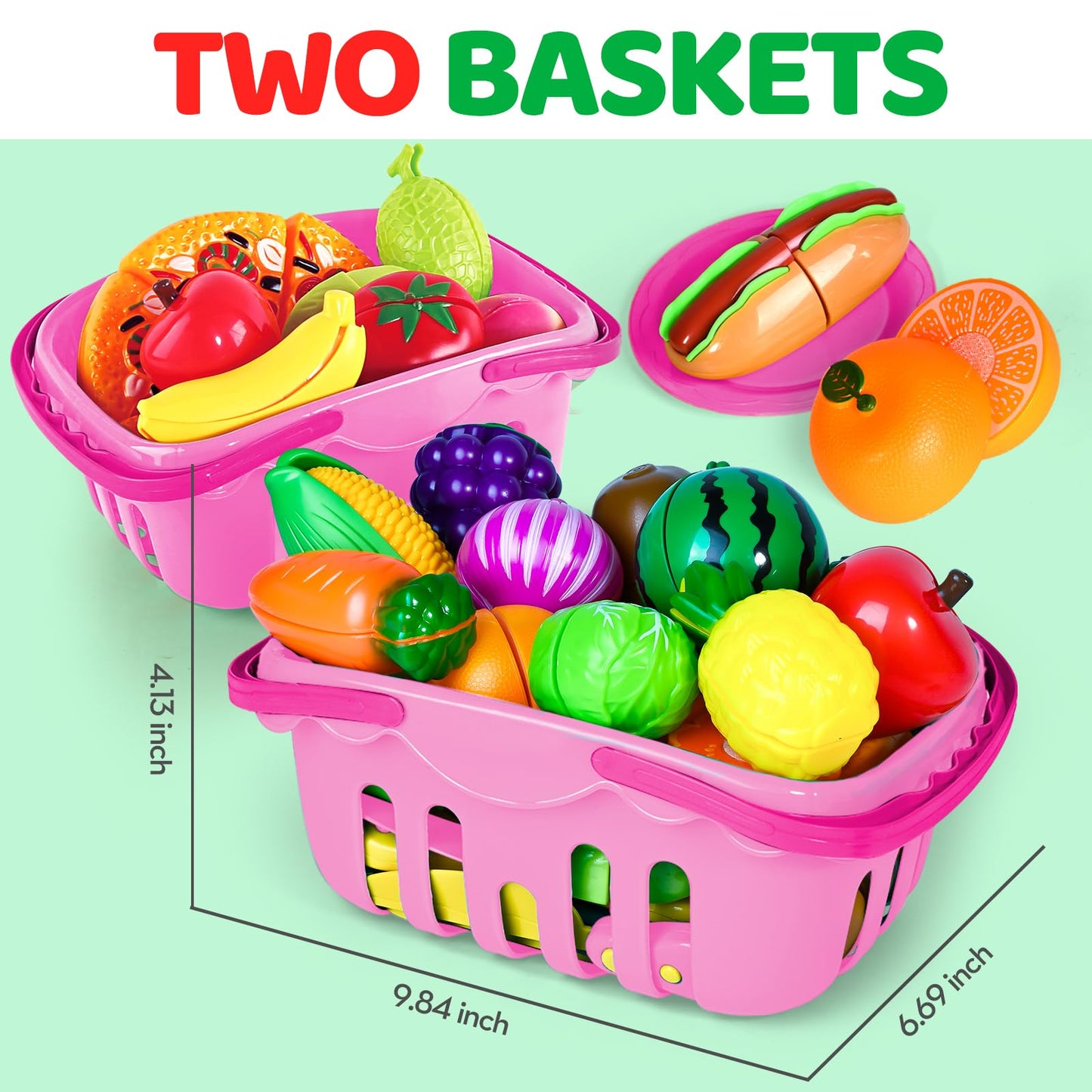 Shemira 100 PCS Cutting Play Food Toy Set for Kids – Pretend Kitchen with 2 Baskets (Pink)