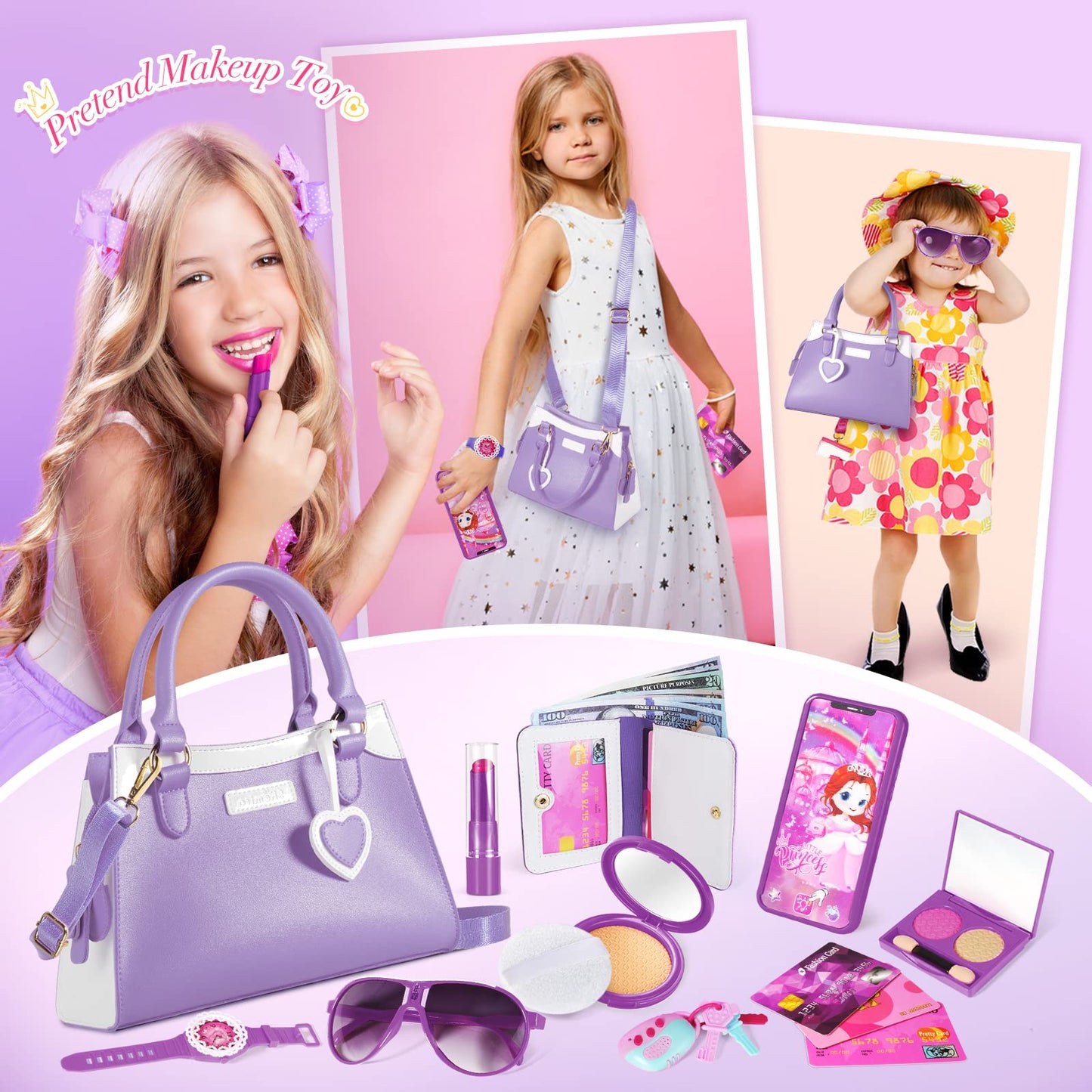 Shemira Play Purse for Little Girls – Princess Pretend Toys with Accessories, Purple