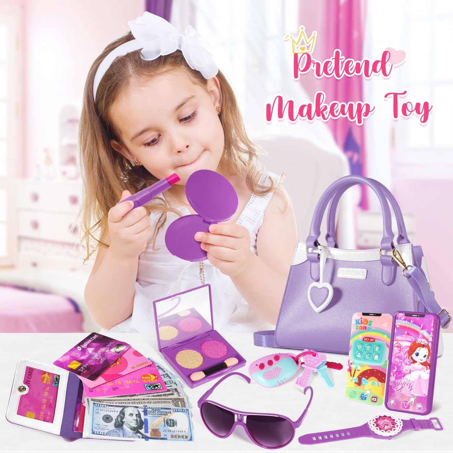 Shemira Play Purse for Little Girls – Princess Pretend Toys with Accessories, Purple
