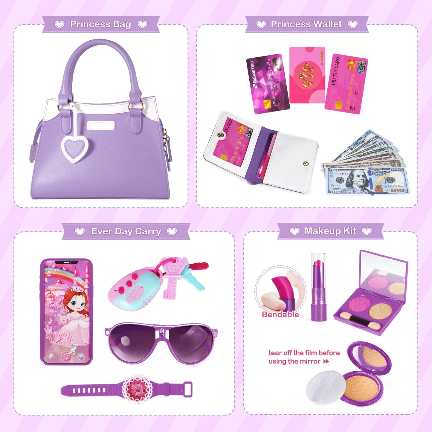 Shemira Play Purse for Little Girls – Princess Pretend Toys with Accessories, Purple