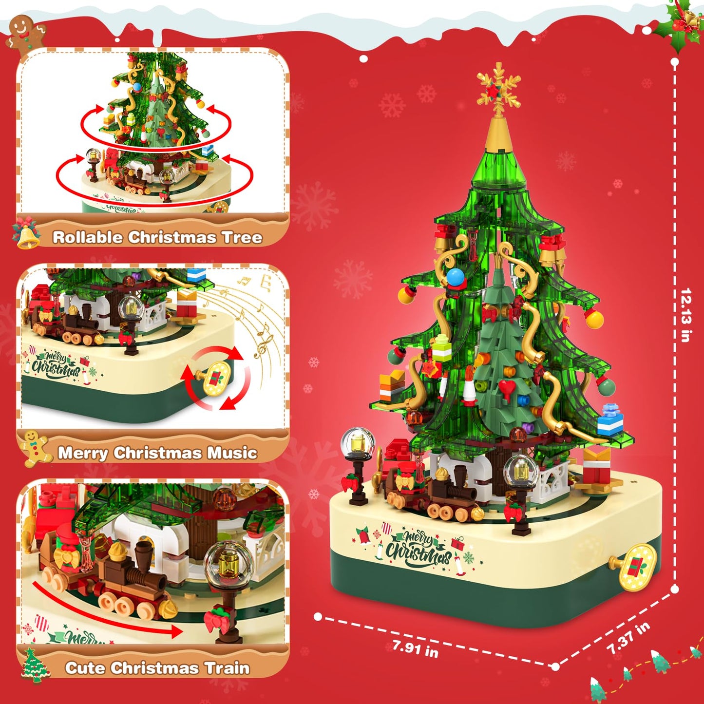 Shemira 594-Piece Christmas Tree Building Block Toy Set | Rotating Music Box