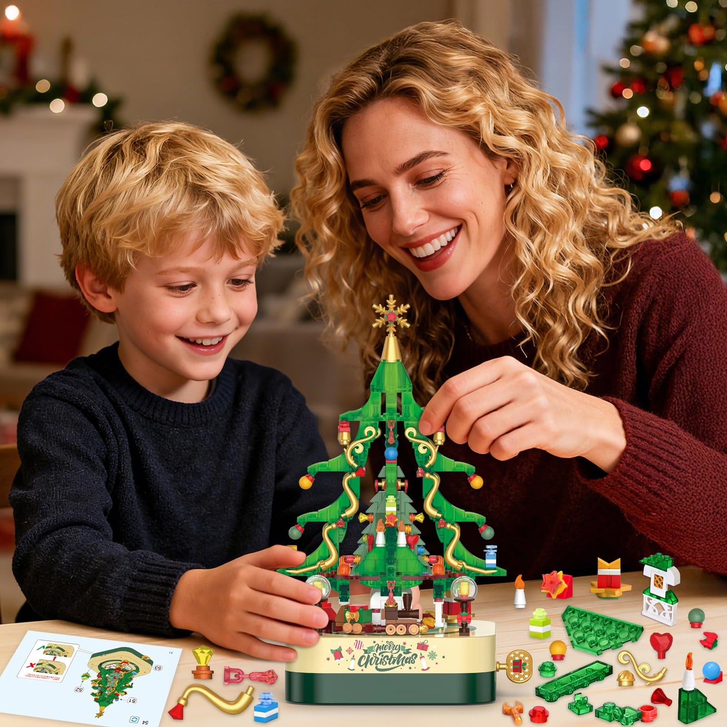 Shemira 594-Piece Christmas Tree Building Block Toy Set | Rotating Music Box
