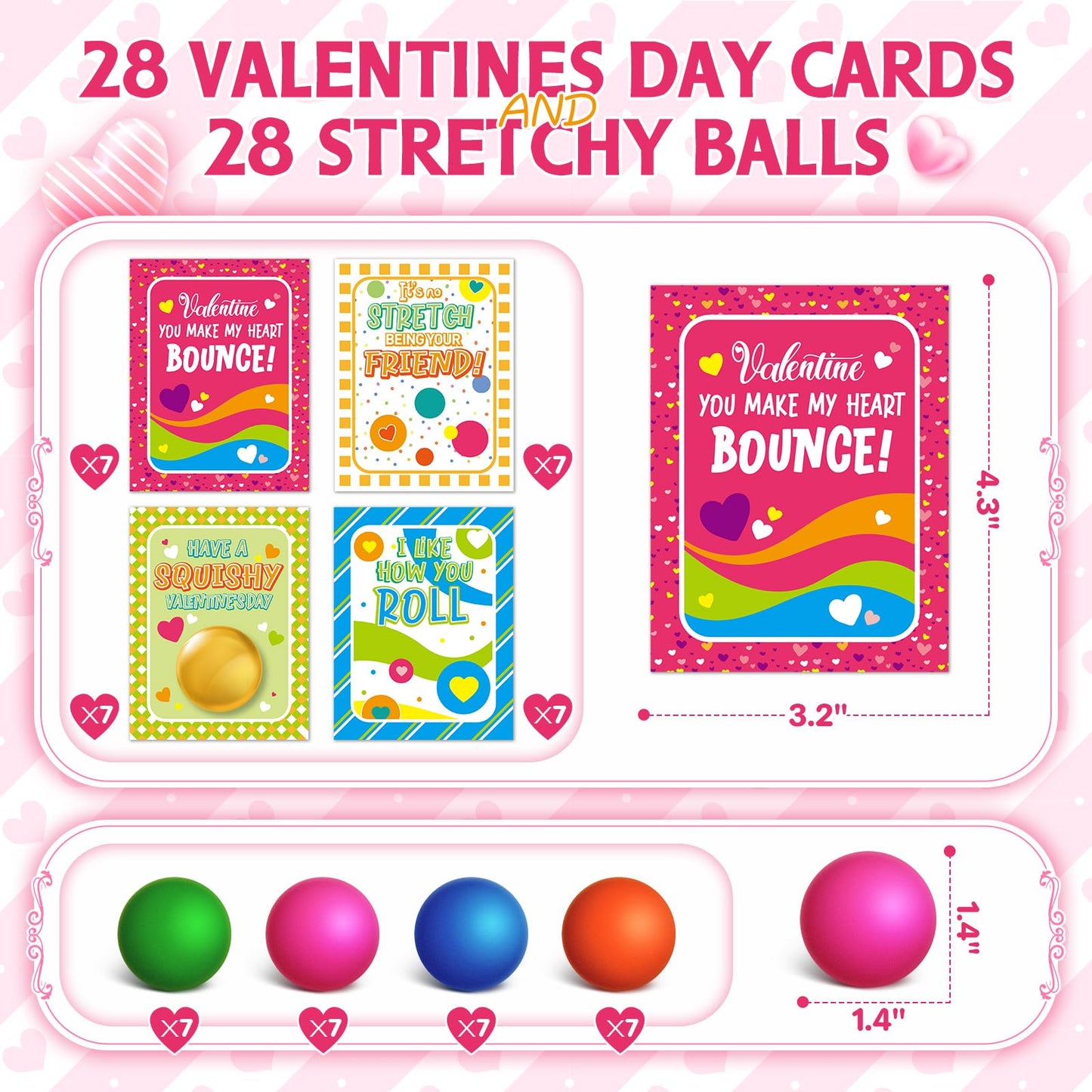 Shemira 28-Pack Valentines Cards with Stretchy Ball Set for Kids | Classroom Exchange & Party Favors