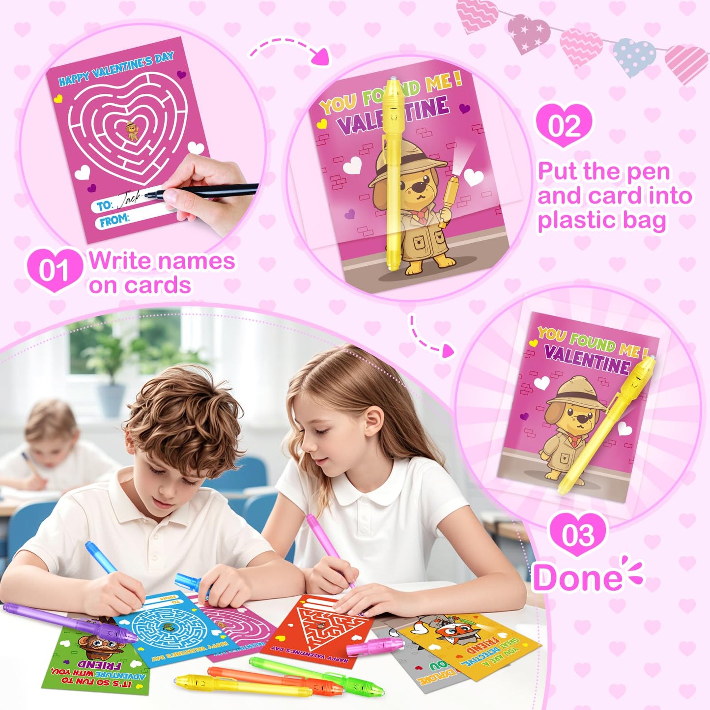 Shemira 24-Pack Valentines Day Cards for Kids with Invisible Ink Pens – Detective Theme Classroom Exchange & Party Favors