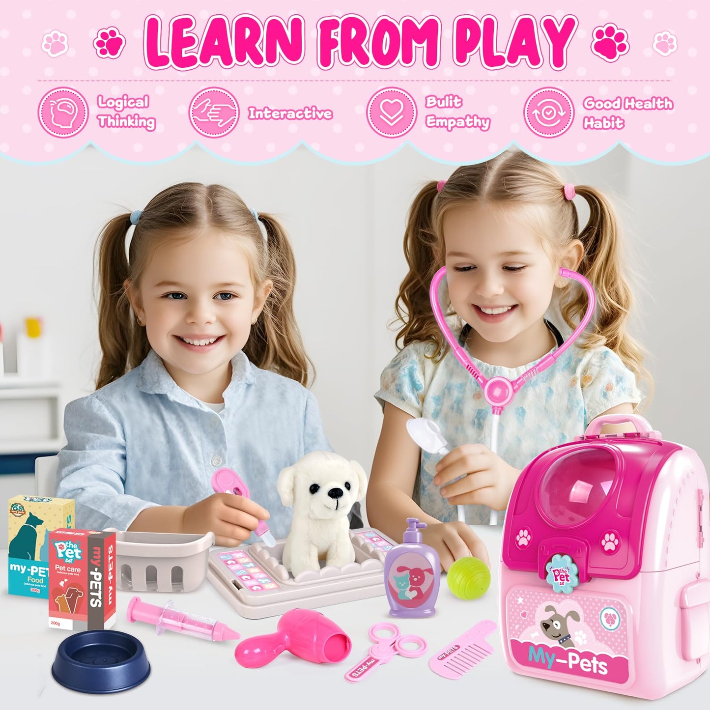 Shemira Pet Doctor Playset for Girls 2-6 — Plush Dog Vet Kit with Storage Backpack